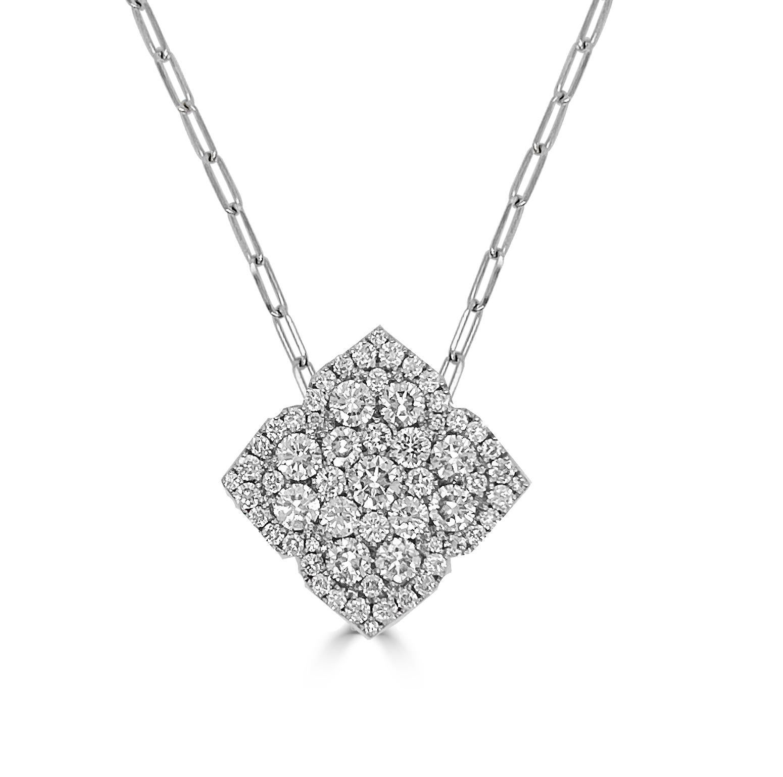 Grande Fleur D’Amour All Diamond Pendant With Hidden Bale And With Chain, 1.88 Ct, (approximately 20 mm)

Available in other metal/ gemstone options: This Diamond pendant can be made in white, pink or yellow gold. 
Matching earrings, bangle and ring