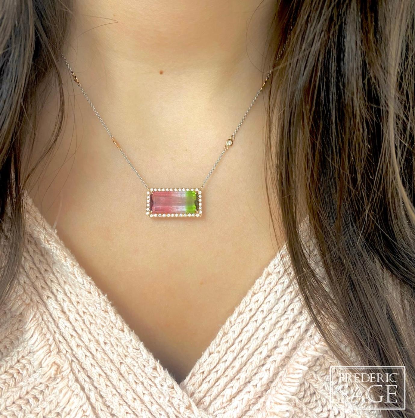 Large Emerald Cut Bi – Color Watermelon Tourmaline & Diamond Halo With Chain, Tourmaline 7.32 Ct, Diamond 0.40 Ct, approximately 22 mm x 12 mm

Available in other metal/ gemstone options: These Gemstone pieces can be made in white, pink, yellow gold