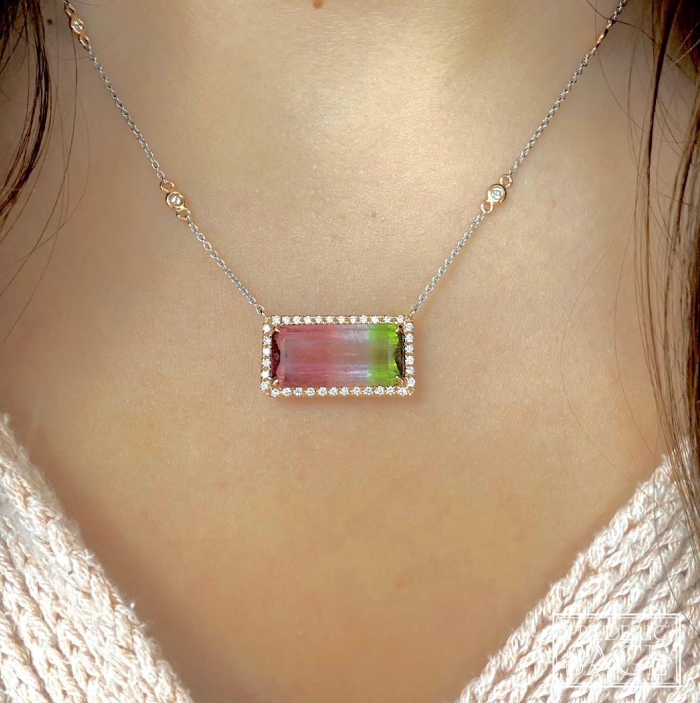 Frederic Sage Large Emerald Cut Bi, Color Watermelon Tourmaline & Diamond In New Condition For Sale In Great Neck, NY