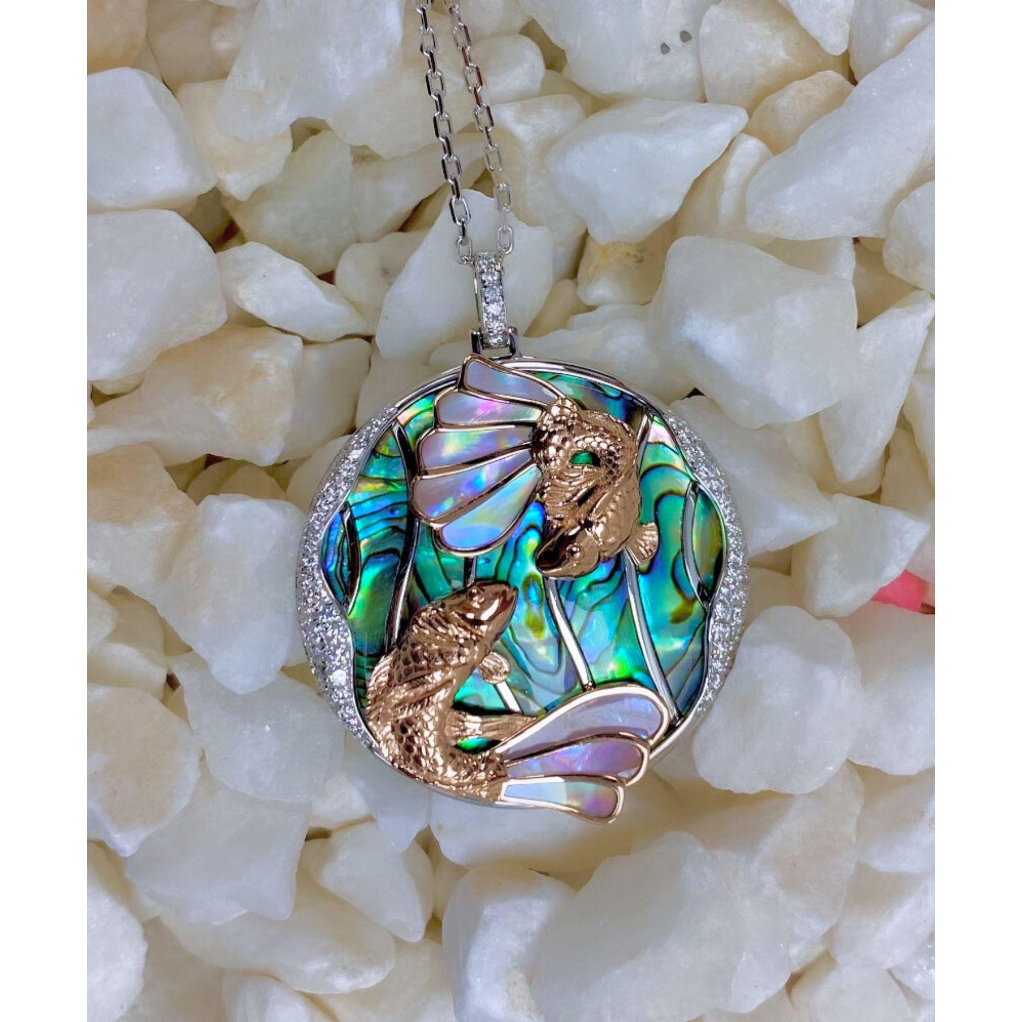 Large Koi Fishes Pink Mother Of Pearl With Abalone Background, Pendant On Diamond Bale With Chain, 0.43 Ct, (approximately 31mm / 39 mm including bale)

Available in other metal/ gemstone options: This Natural Shell pendant can be made in white,
