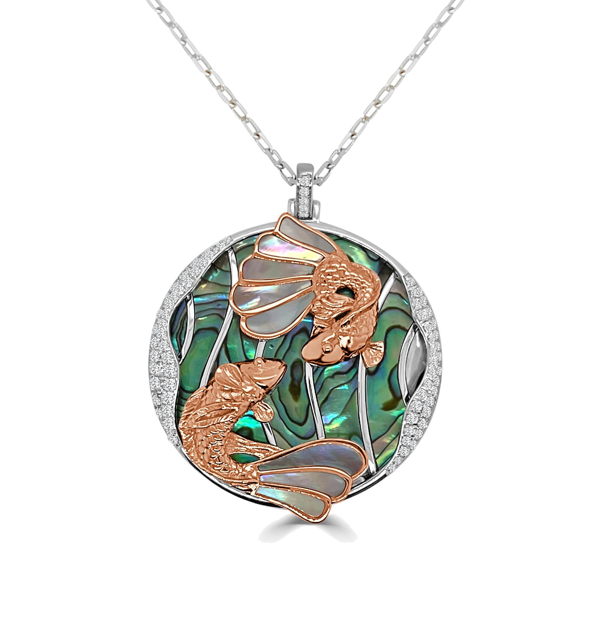 Frederic Sage Large Koi Fishes Pink Mother of Pearl Pendant with Chain In New Condition For Sale In Great Neck, NY