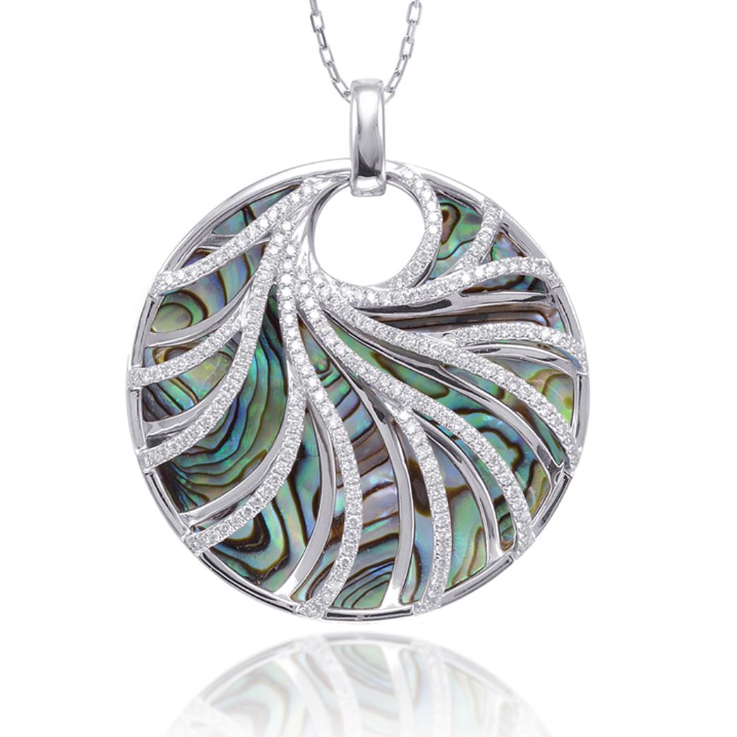 Großer runder Perlmutt & Diamant Swirl Venus-Anhänger im Zustand „Neu“ im Angebot in Great Neck, NY