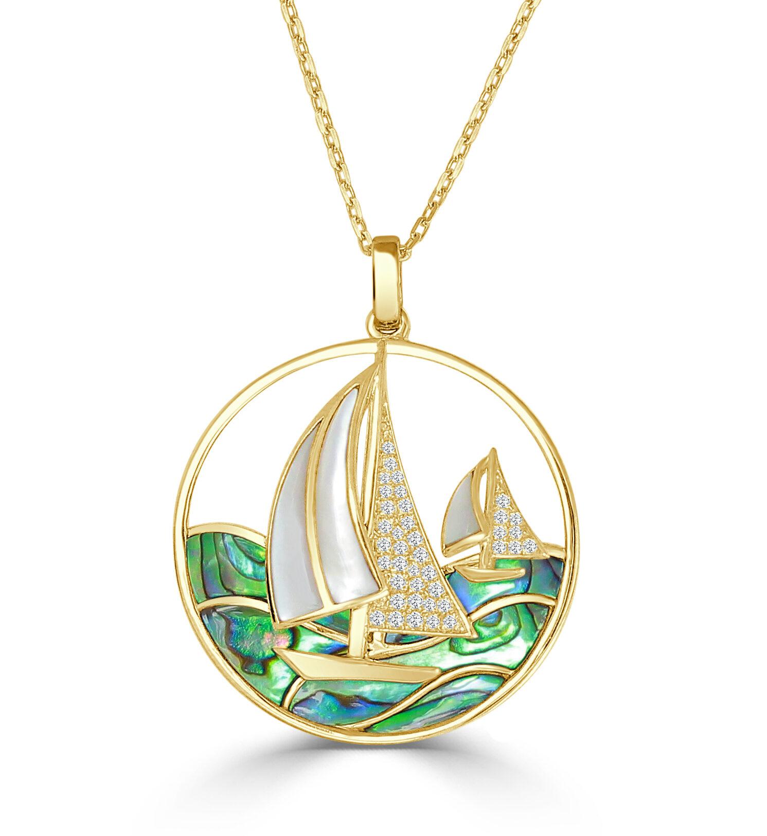 Large White Mother Of Pearl Boats With Abalone Waves Pendant With Chain, 0.23 Ct. approximately 30mm diameter / 37.5 mm including bale

Available in other metal/ gemstone options: This Natural Shell pendant can be made in white, yellow or pink gold.