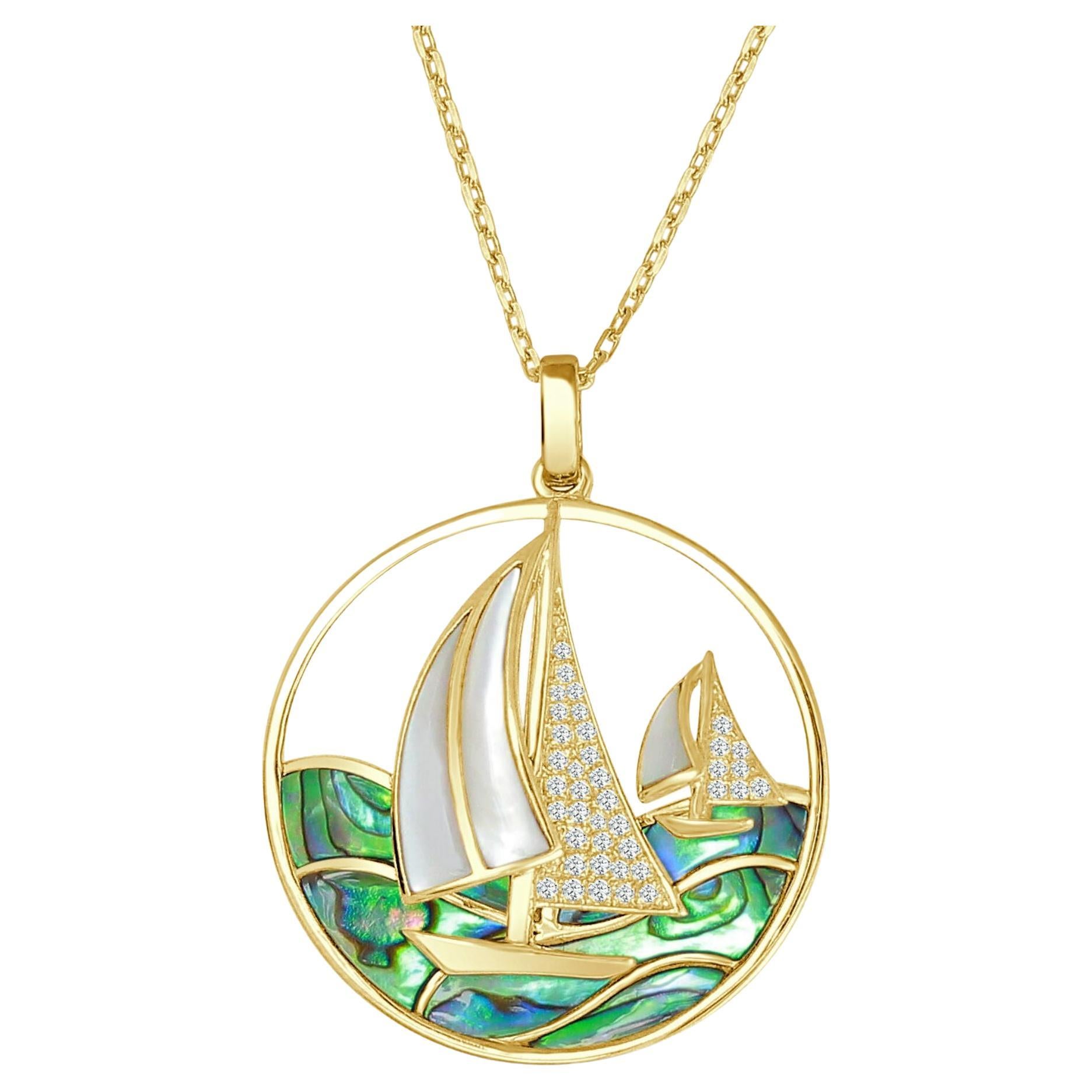 Frederic Sage - Pendentif grand bateau en nacre blanche avec vagues d'ormeau