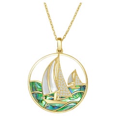 Large White Mother of Pearl Boats with Abalone Waves Pendant