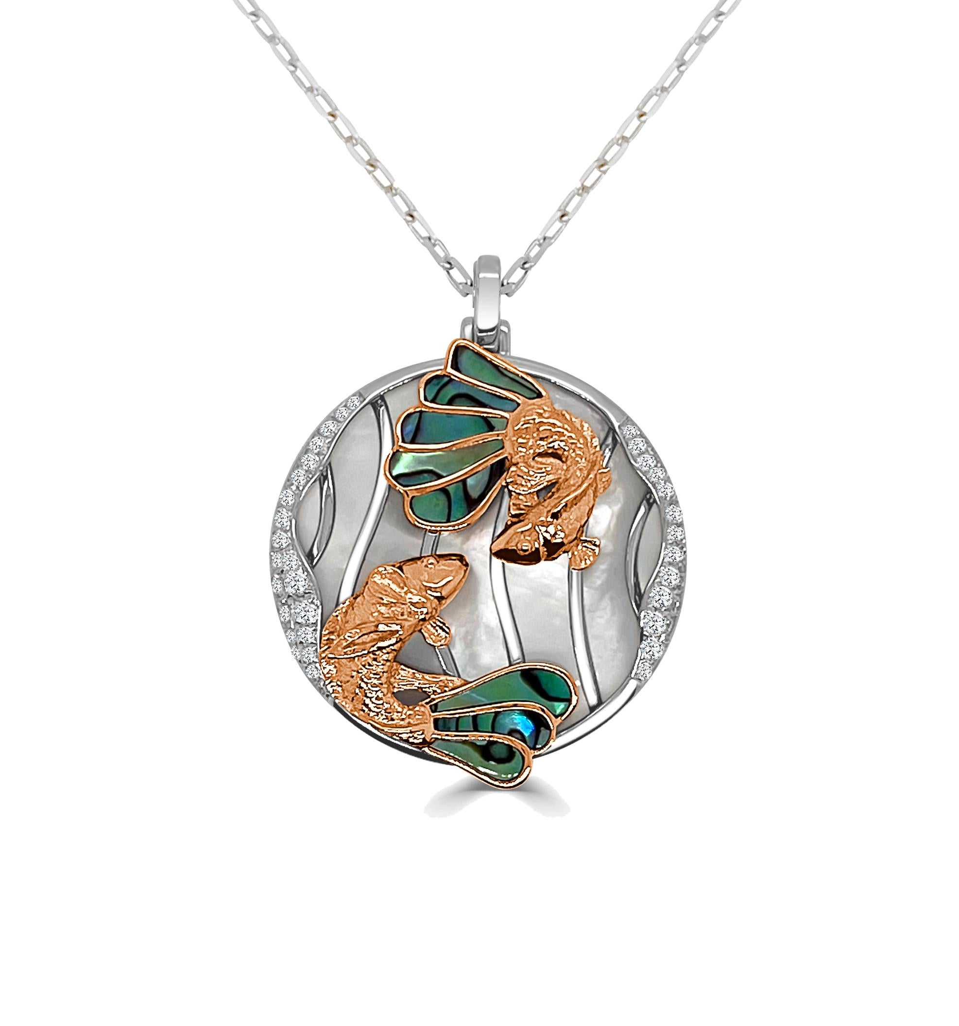 Medium Koi Pendant With Abalone And White Mother Of Pearl Pendant On Polish Bale With Mini Paper Clip Chain, 0.26 Ct, (approximately 24 mm diameter / 31mm including bale)

Available in other metal/ gemstone options: This Natural Shell pendant can be