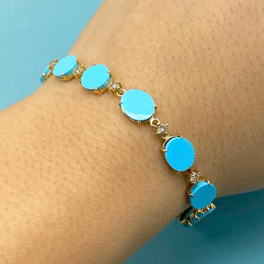 Frederic Sage Oval Mini Turquoise and Brown Diamond 12 Link Tivoli II Bracelet In New Condition For Sale In Great Neck, NY