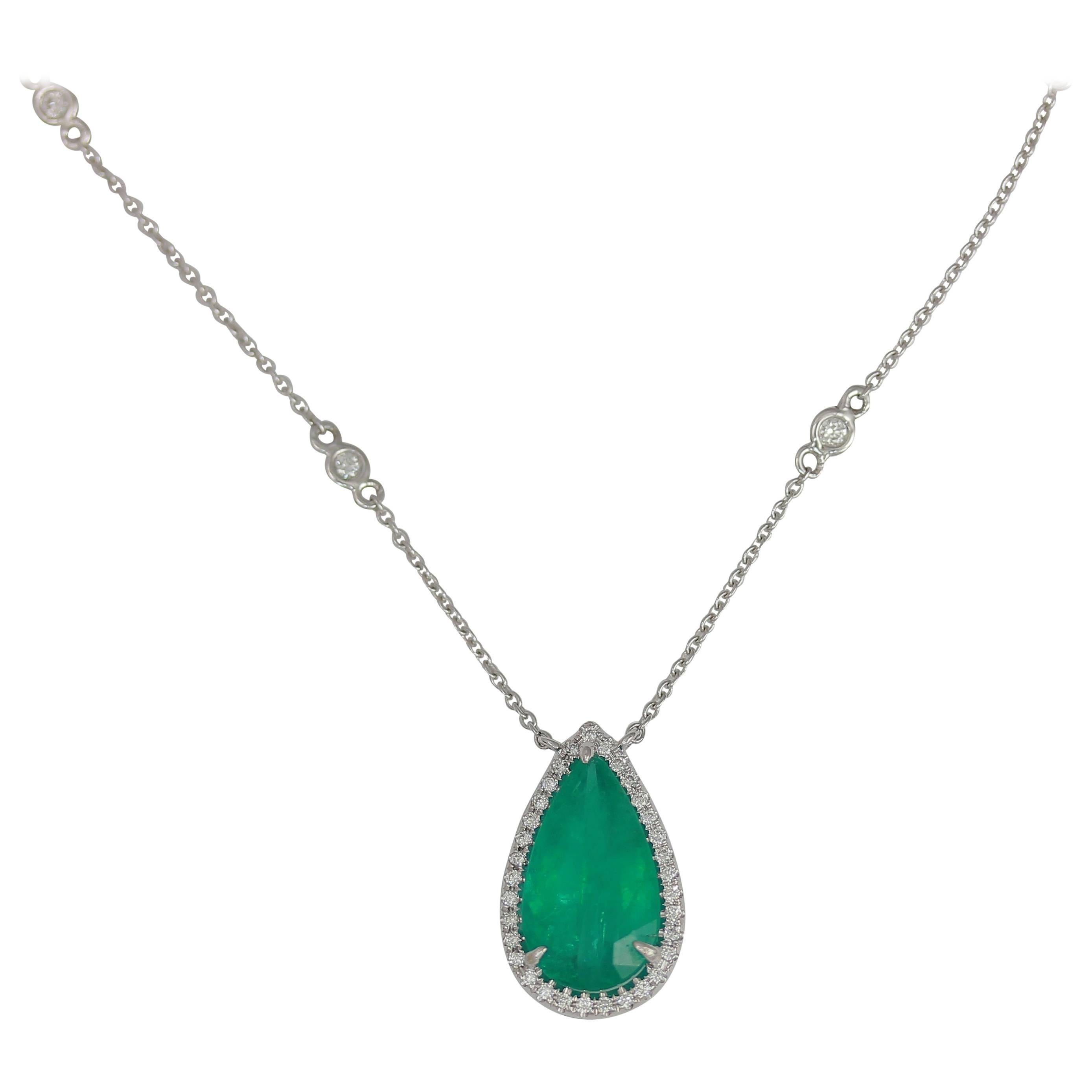 Frederic Sage Pear Shape 3.74 Carat Emerald & Diamond Necklace Pendant For Sale