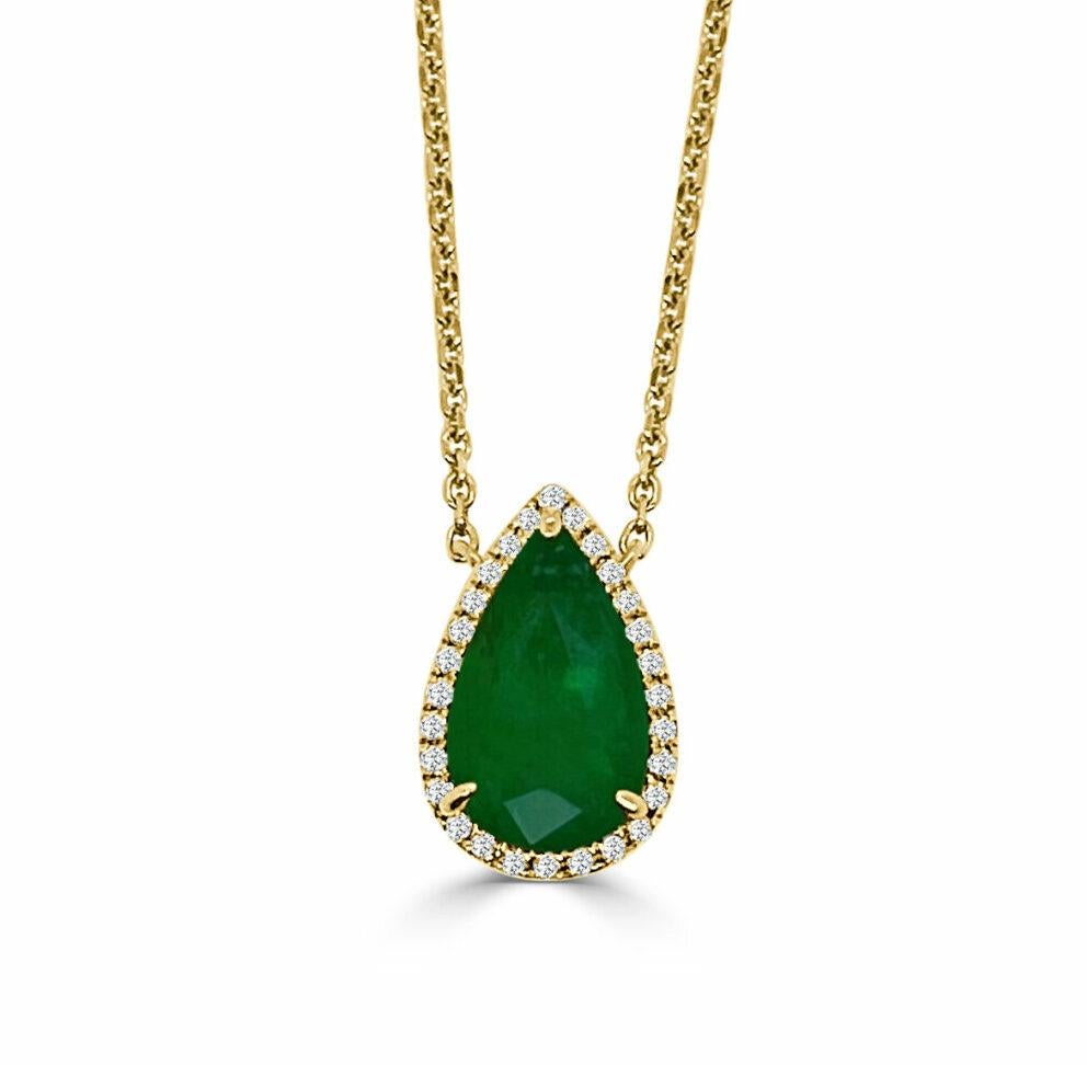 Pear Shape Emerald Pendant On Pear Shape Diamond Halo With Attached Chain, Emerald 2.10 Ct, Diamond 0.14 Ct, (approximately 9 mm x 14 mm)

Available in other metal/ gemstone options: These Gemstone pieces can be made in white, pink, yellow gold or