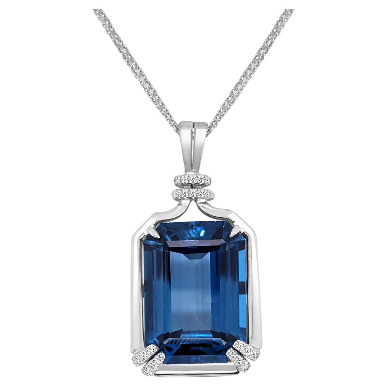 Pendant in Emerald Cut London Blue Topaz with Chain For Sale