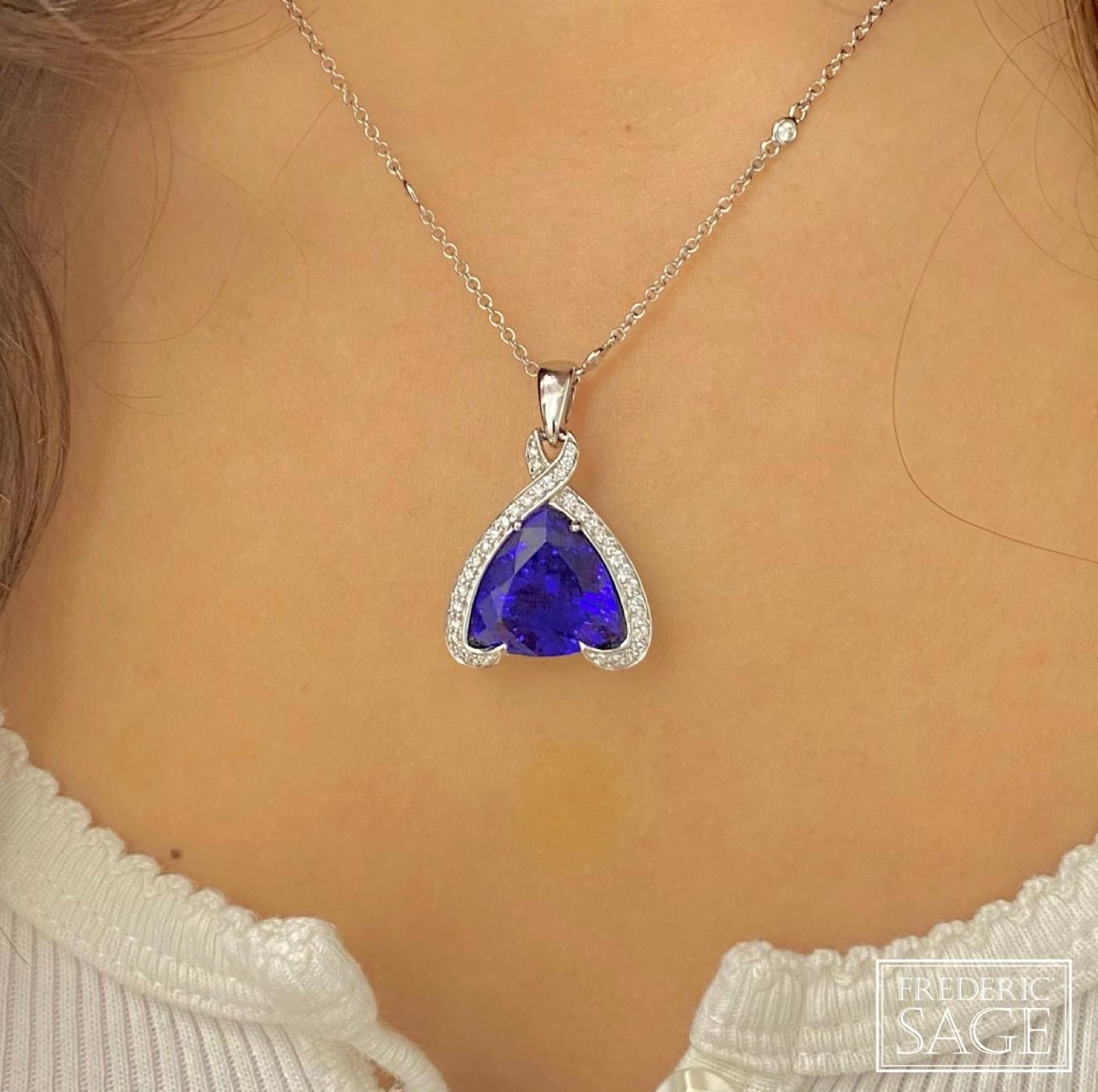 One of a Kind Trillion Gem Tanzanite on White Gold Pave Diamond Pendant With Chain, Tanzanite 11.05 Ct, Diamond 0.51 Ct. Approximately 21 mm x 25 mm

Available in other metal/ gemstone options: These Gemstone pieces can be made in white, pink,