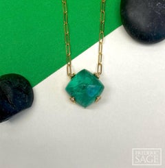 Pendant Necklace with Cabochon Emerald Attached Paperclip Chain