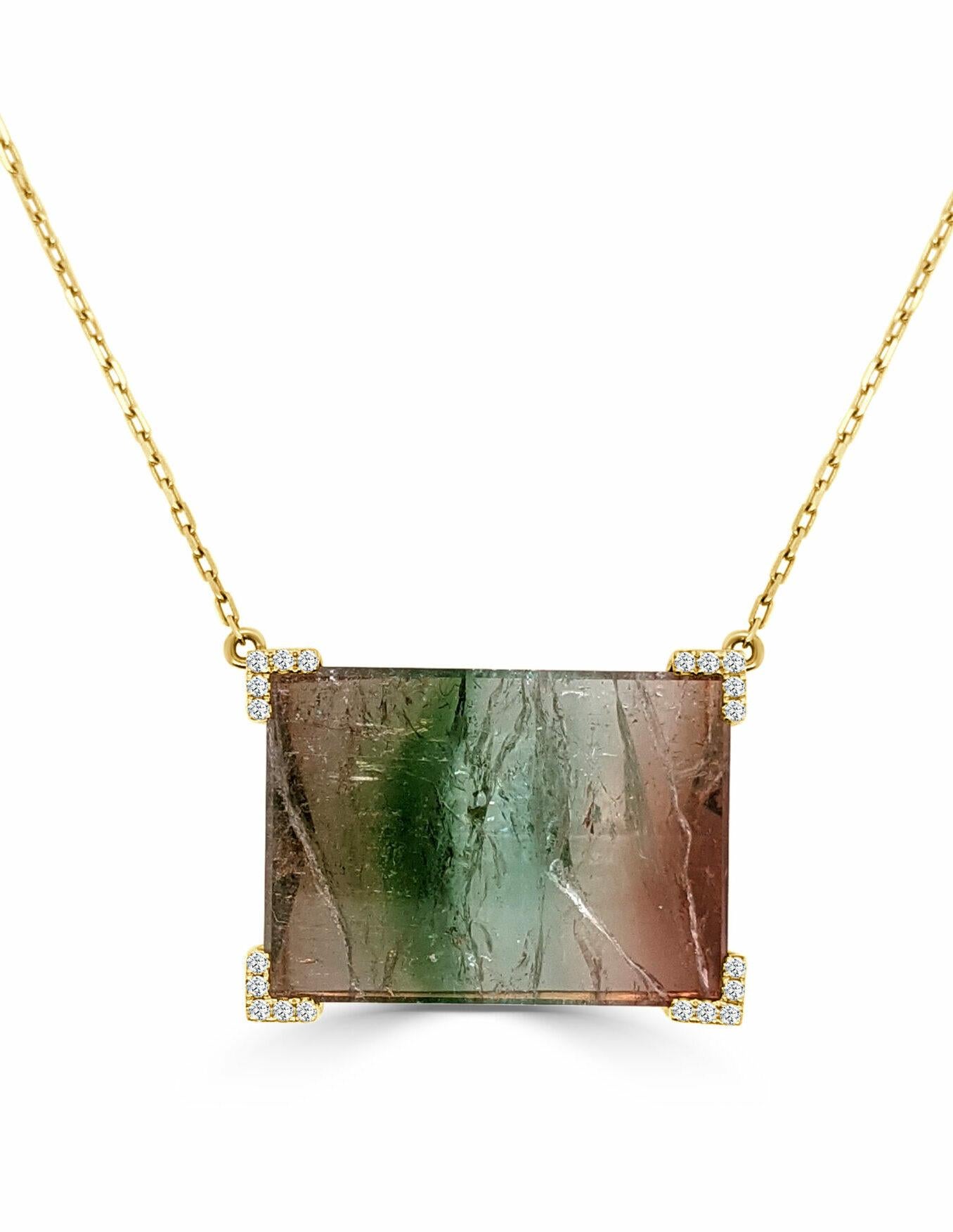 Side Rectangle Rutilated Quartz, Tourmaline & Diamond Pendant With Chain, Rutilated Quartz 29.07 Ct, Diamond 0.12 Ct

Available in other metal/ gemstone options: These Gemstone pieces can be made in white, pink, yellow gold or two-tone.