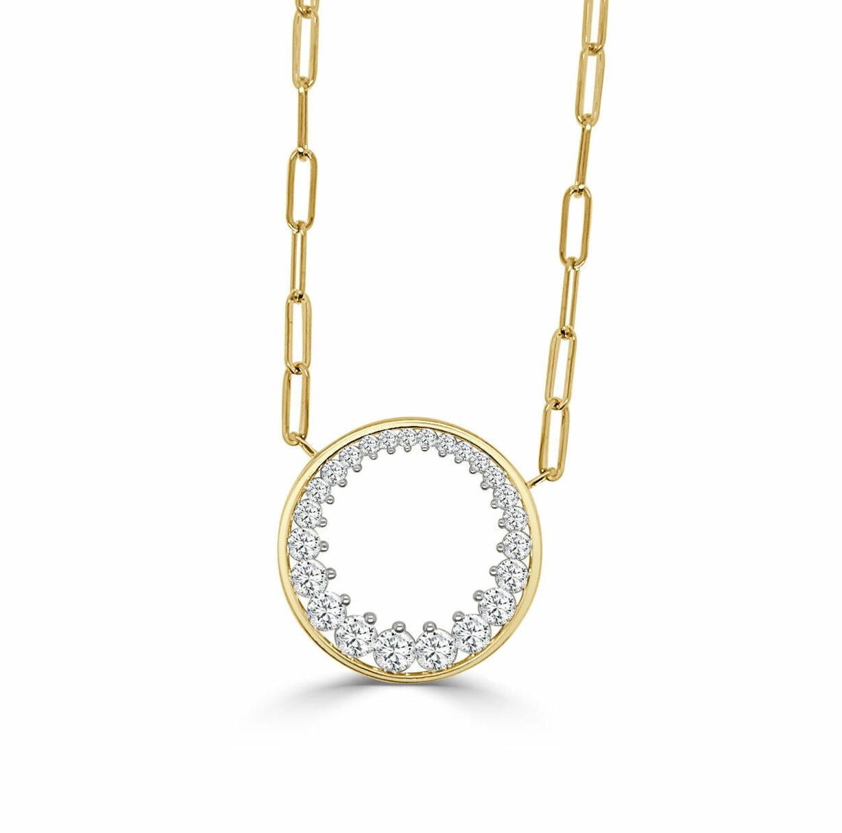 Round Diamond Pendant With Attached Paperclip Chain, 0.97 Ct, (approximately 20 mm diameter)

Available in other metal/ gemstone options: This Diamond pendant can be made in white, pink or yellow gold. 
Matching earrings, bangle and ring available