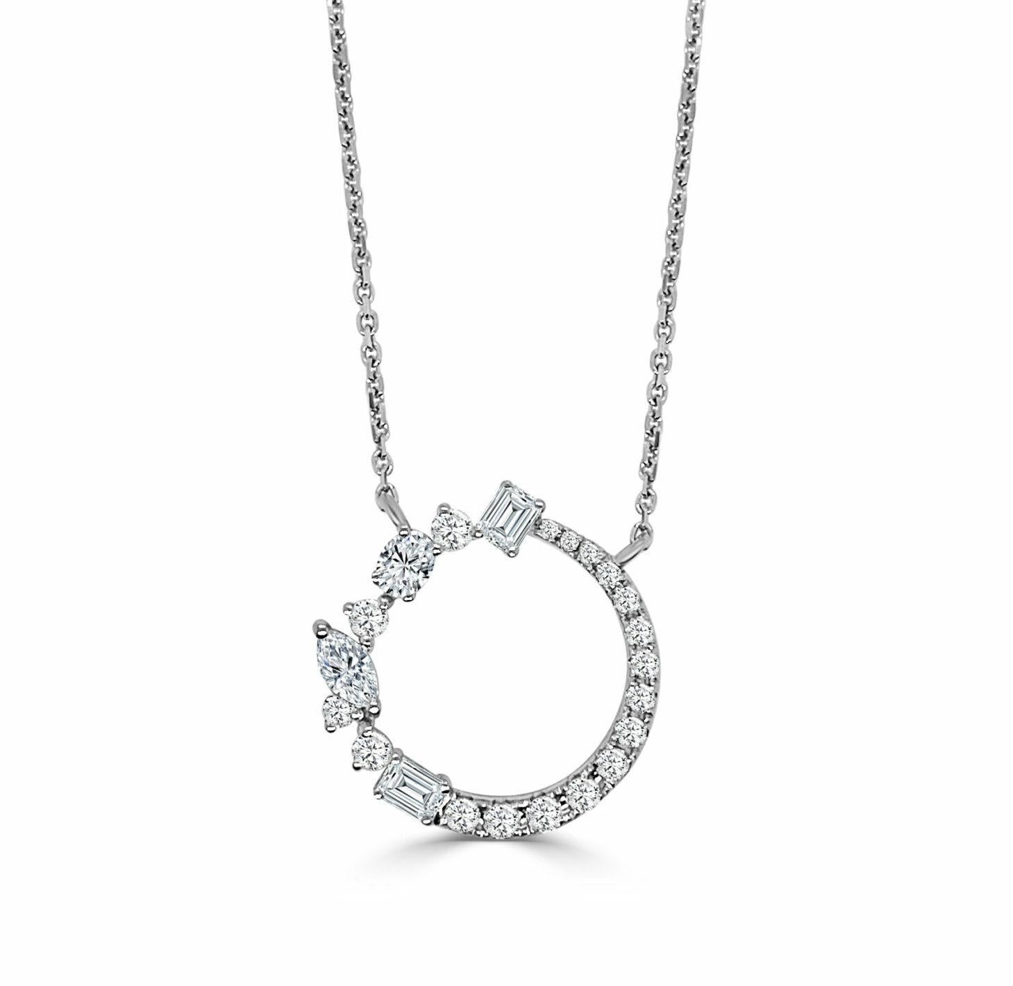 Round Emerald Cut, Marqius, Oval & Round All Diamond Pendant With Attached Chain, 0.82 Ct, (approximately 19 mm)

Available in other metal/ gemstone options: This Diamond pendant can be made in white, pink or yellow gold. 
Matching earrings, bangle