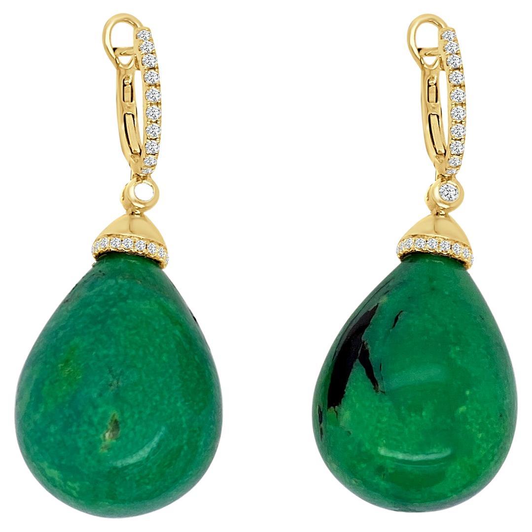 Tear Drop Earrings in Yellow Gold and Green Turquoise For Sale
