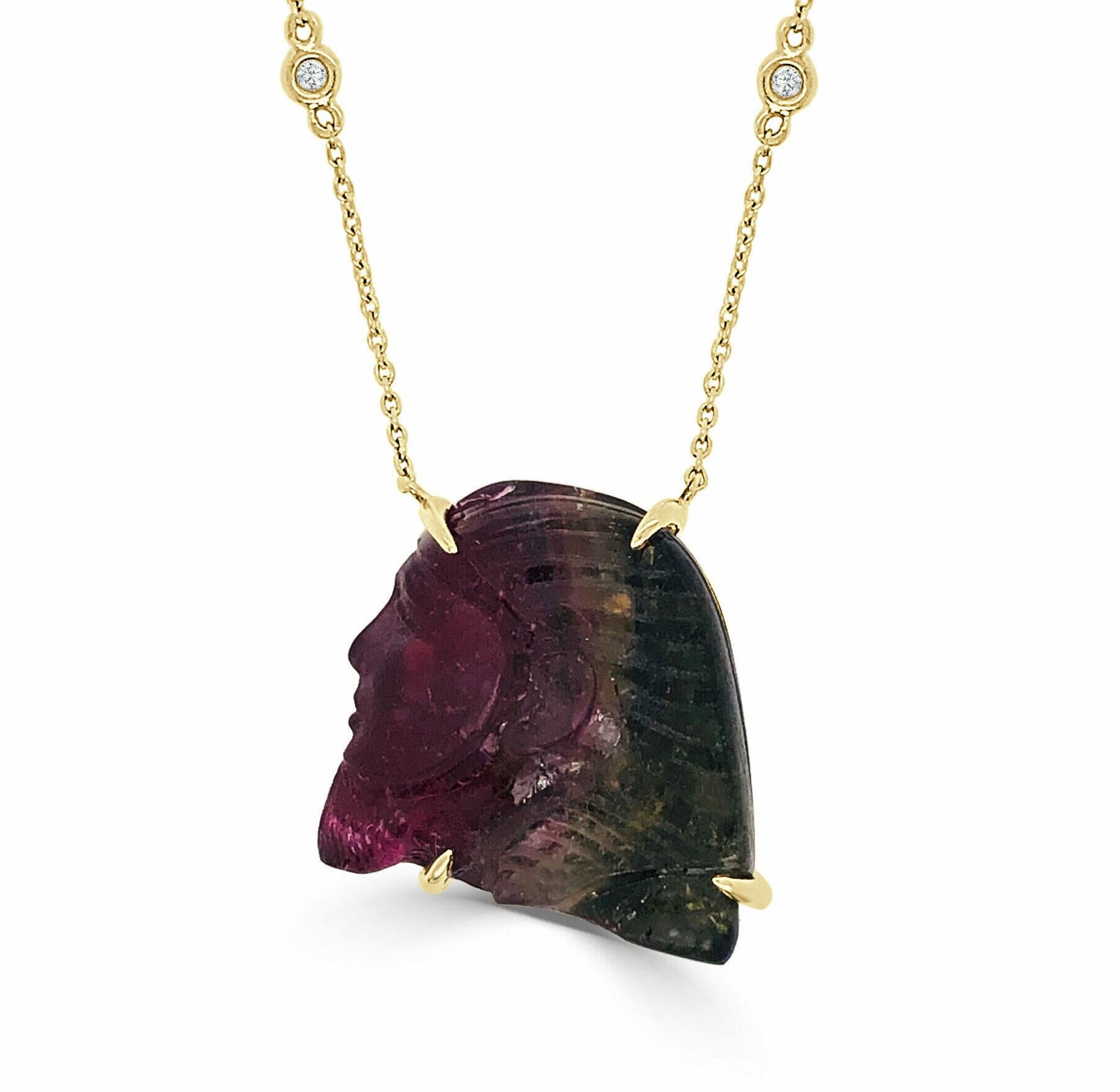 Watermelon Tourmaline & Diamond Pharaoh Head One Of A Kind Pendant With Chain. Tourmaline 45.74 Ct, Diamond 0.13 Ct, approximately 22 mm x 21.5 mm

Available in other metal/ gemstone options: These Gemstone pieces can be made in white, pink, yellow