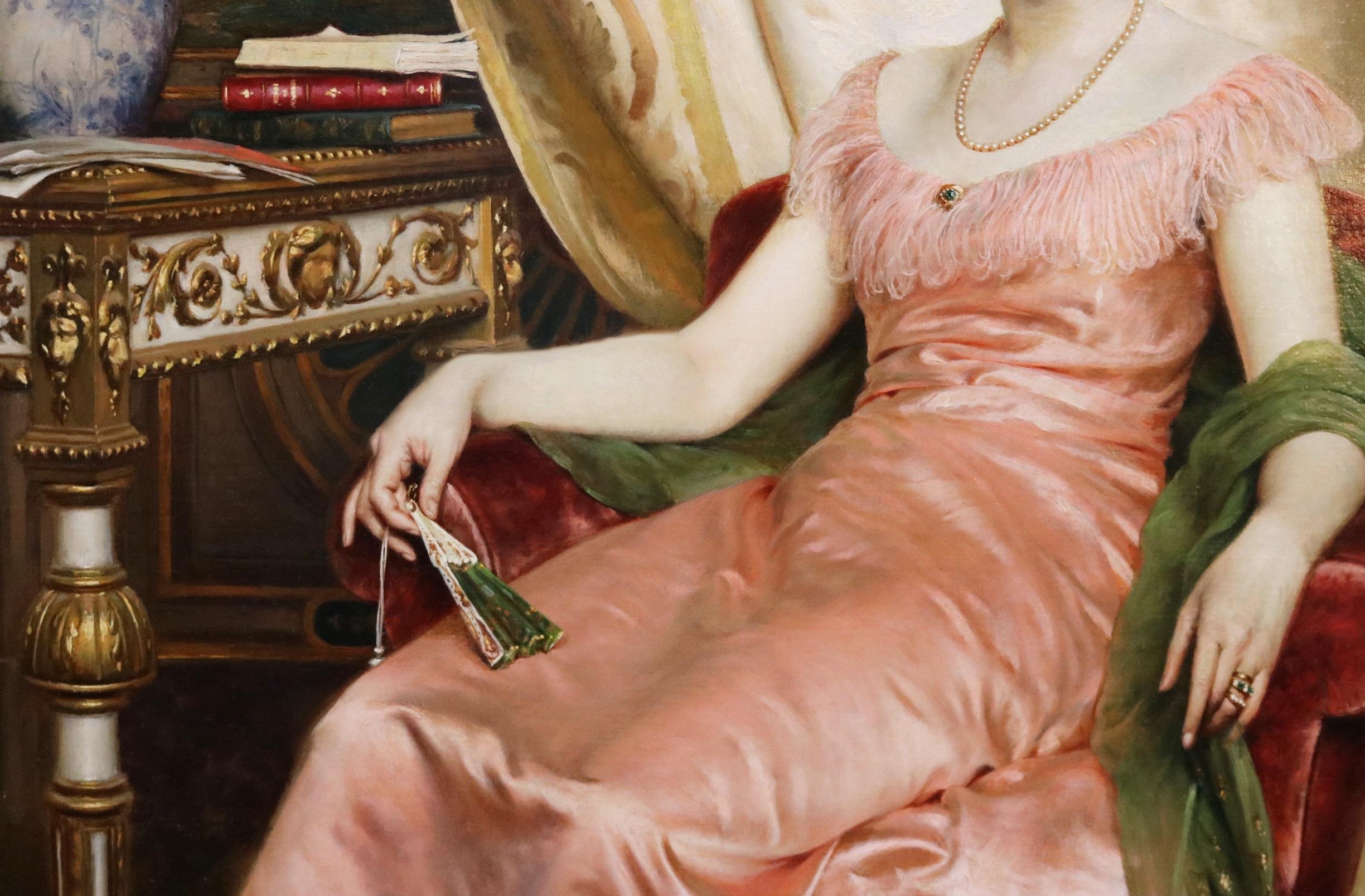 ‘Regina dei Fiori’ by Frédéric Soulacroix (1858-1933). The painting – which depicts an aristocratic Italian beauty sitting beside a porcelain vase full of peonies – is signed by the artist and presented in a superb quality hand-carved giltwood