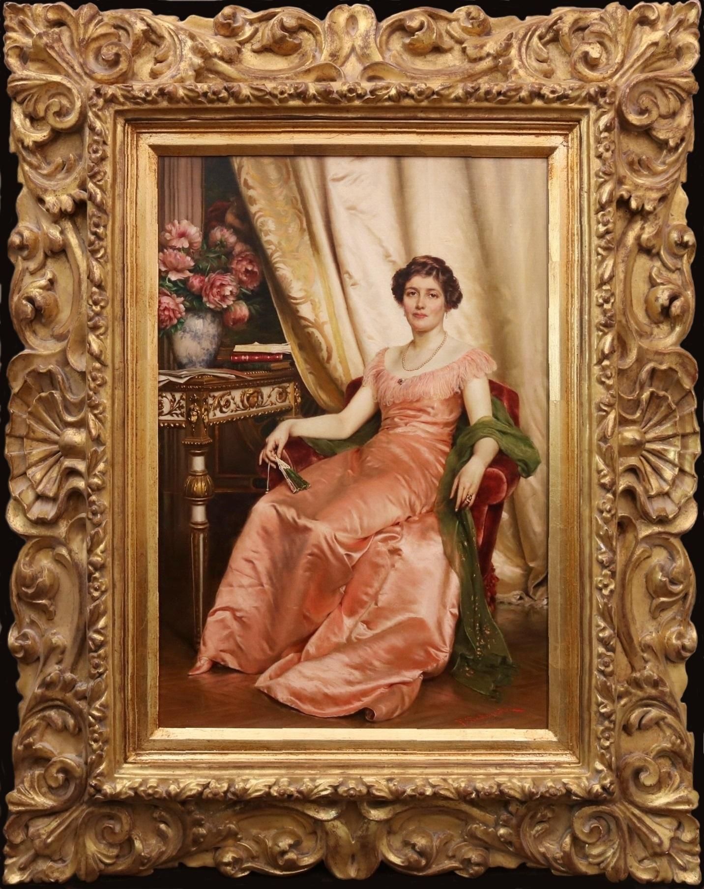 Regina dei Fiori - 19th Century Oil Painting Society Portrait of Italian Beauty - Brown Figurative Painting by Frédéric Soulacroix
