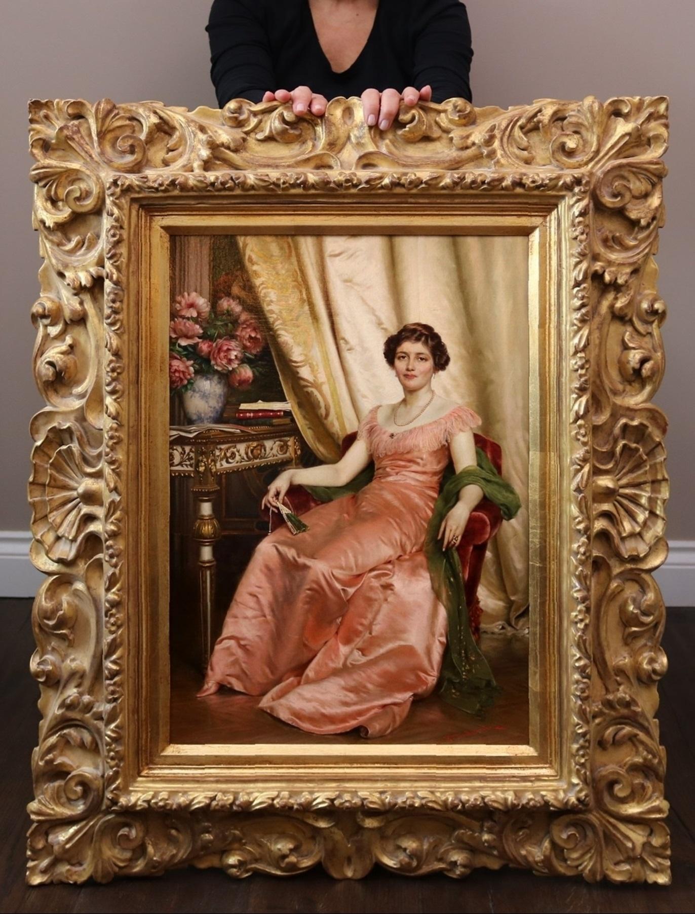 Regina dei Fiori - Peinture à l'huile du XIXe siècle Portrait de la société d'une beauté italienne