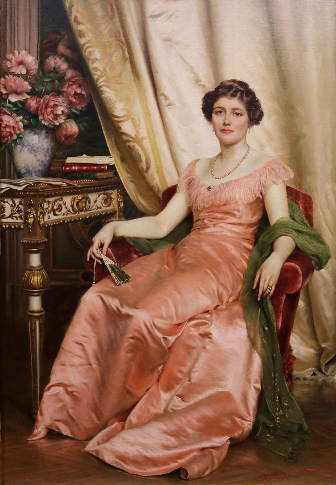 ‘Regina dei Fiori’ by Frédéric Soulacroix (1858-1933). 

The painting – which depicts an aristocratic Italian beauty sitting beside a porcelain vase full of peonies – is signed by the artist and presented in a superb quality hand-carved giltwood