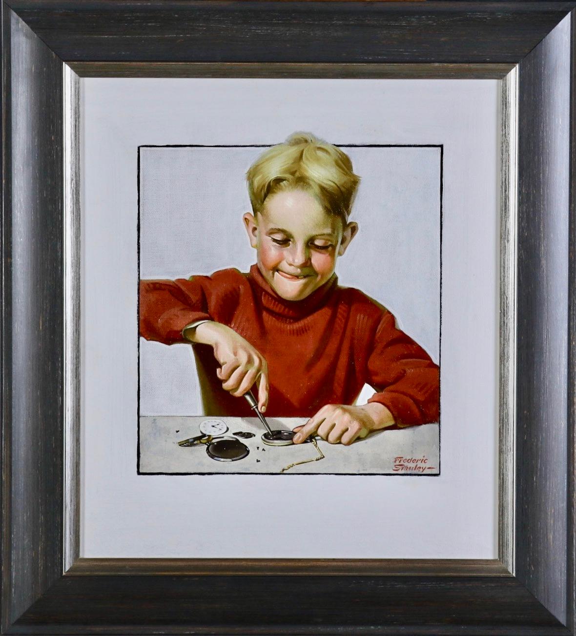 Junge repariert Uhr – Painting von Frederic Stanley