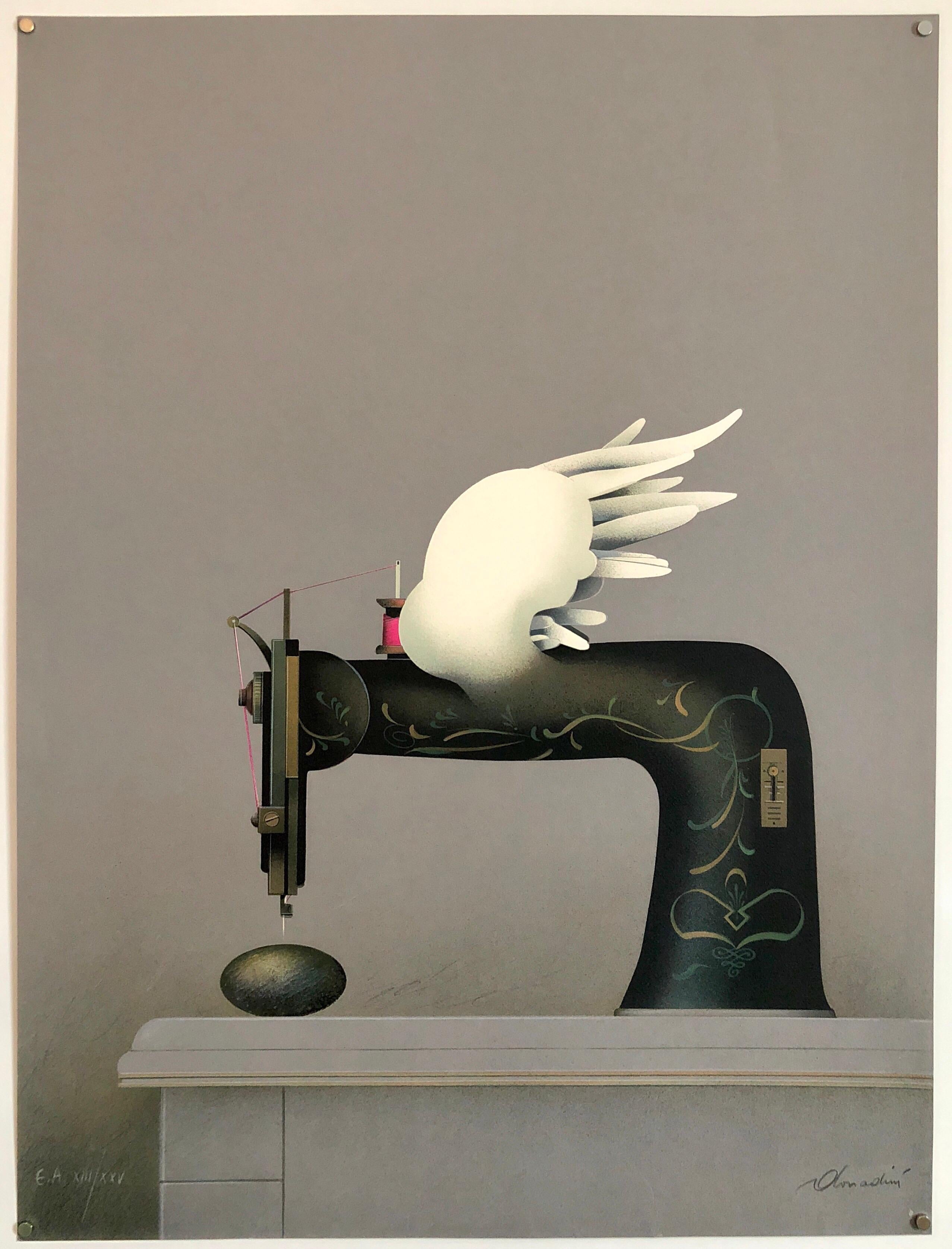 French Surrealist Trompe L'oeil Still Life Lithograph of Sewing Machine Feathers 1