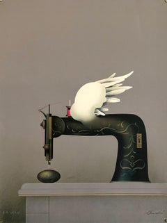 Lithographie surréaliste française de nature morte en trompe l'oeil représentant des plumes de machine à coudre