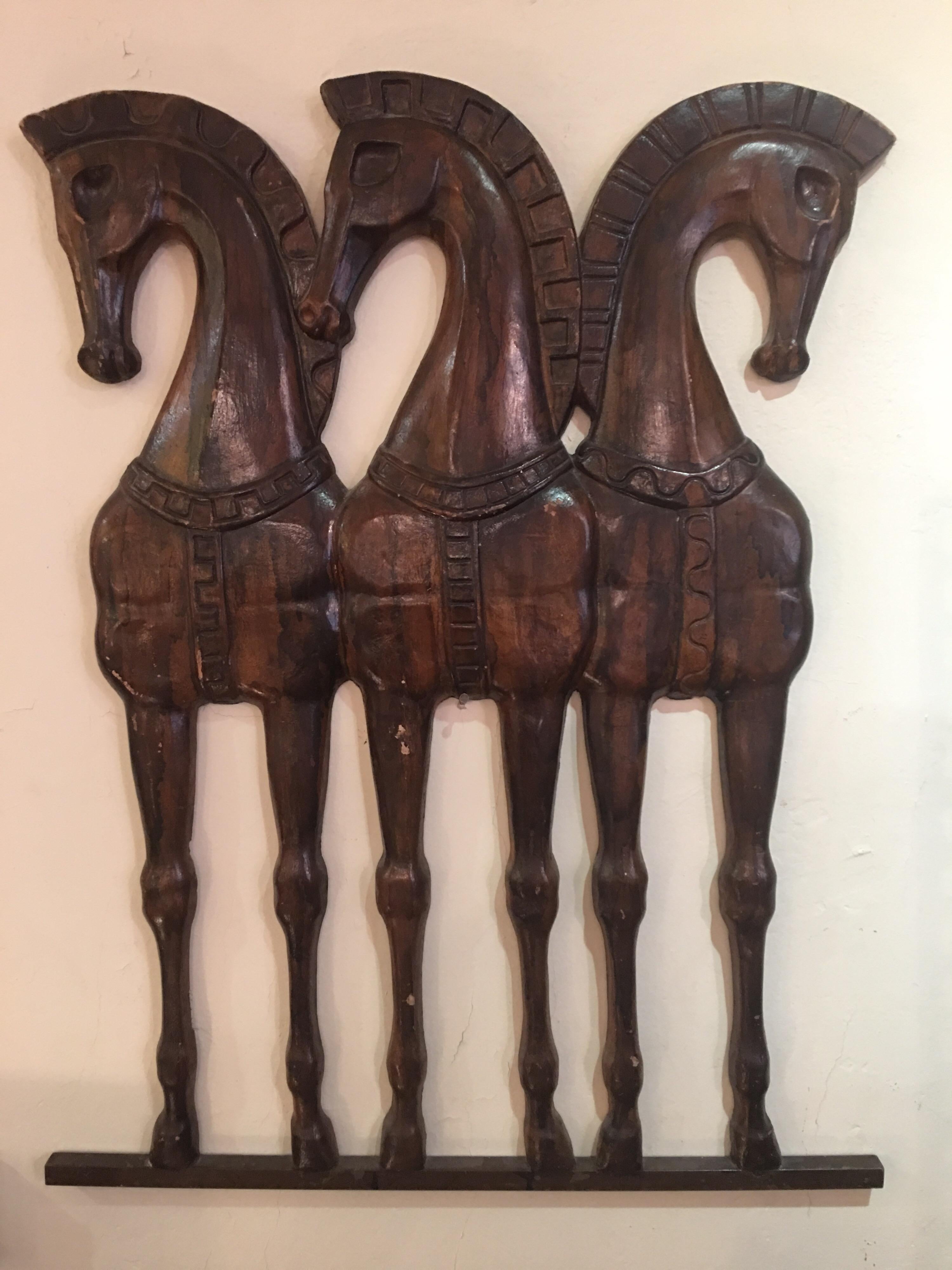 Frederic Weinberg horse wall sculpture, 3 Roman style horses with original brown glazed finish. Two mounting hooks on back.