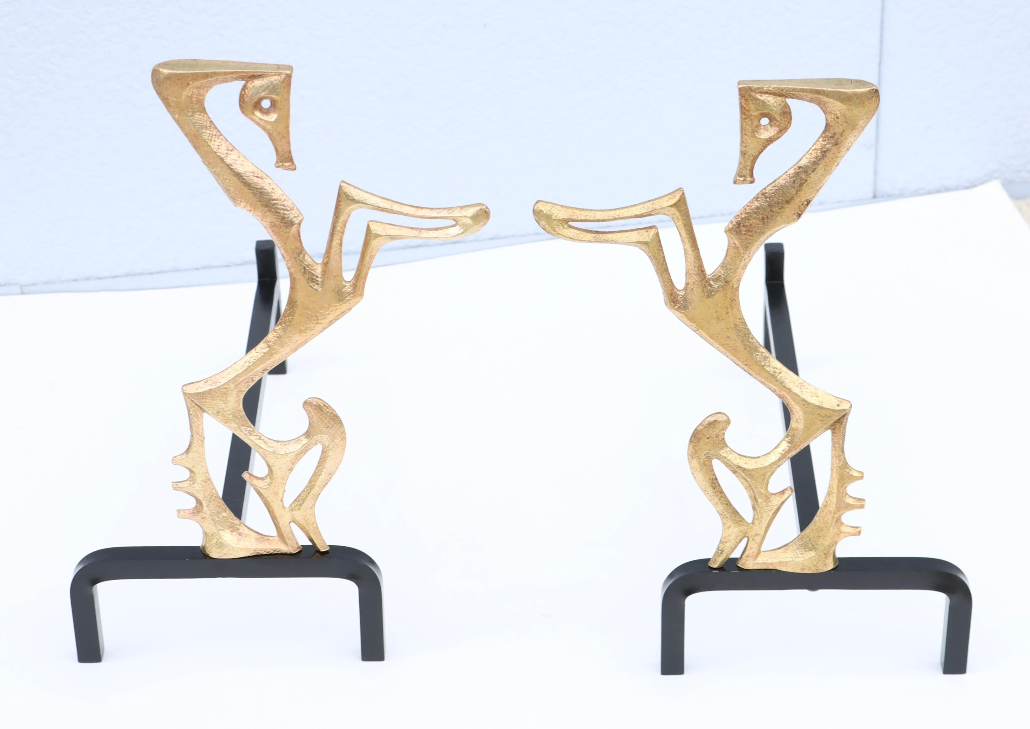 Mid-Century Modern Frederic Weinberg Solid Brass 1960's Andirons For Sale