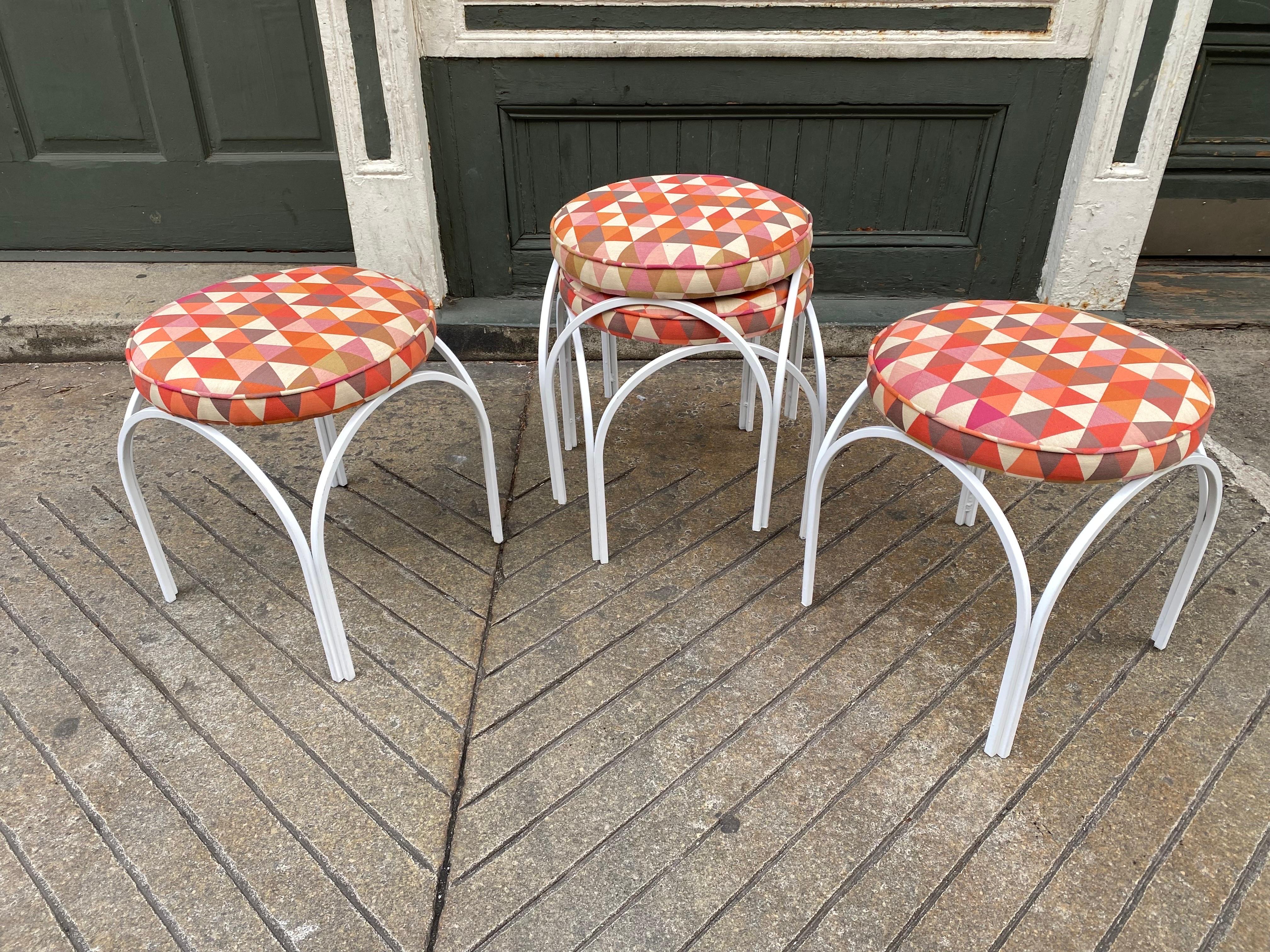 Set of 4 Frederic Weinberg stools. Newly upholstered and frames repainted. Nice Set, easy to move around and they can stack!