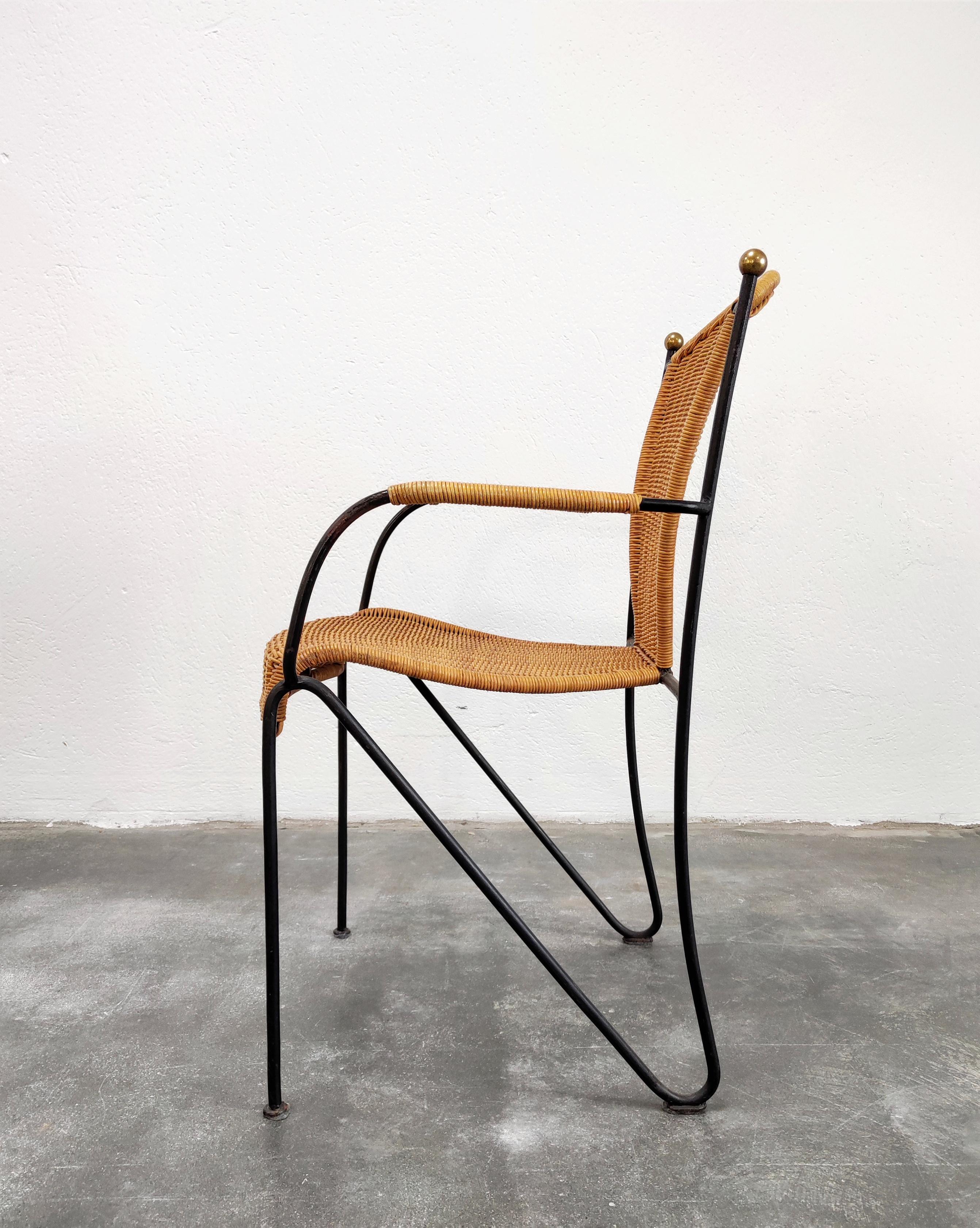 American Frederic Weinberg Wicker, Wrought Iron and Brass Chairs, Set of Four, USA 1950s