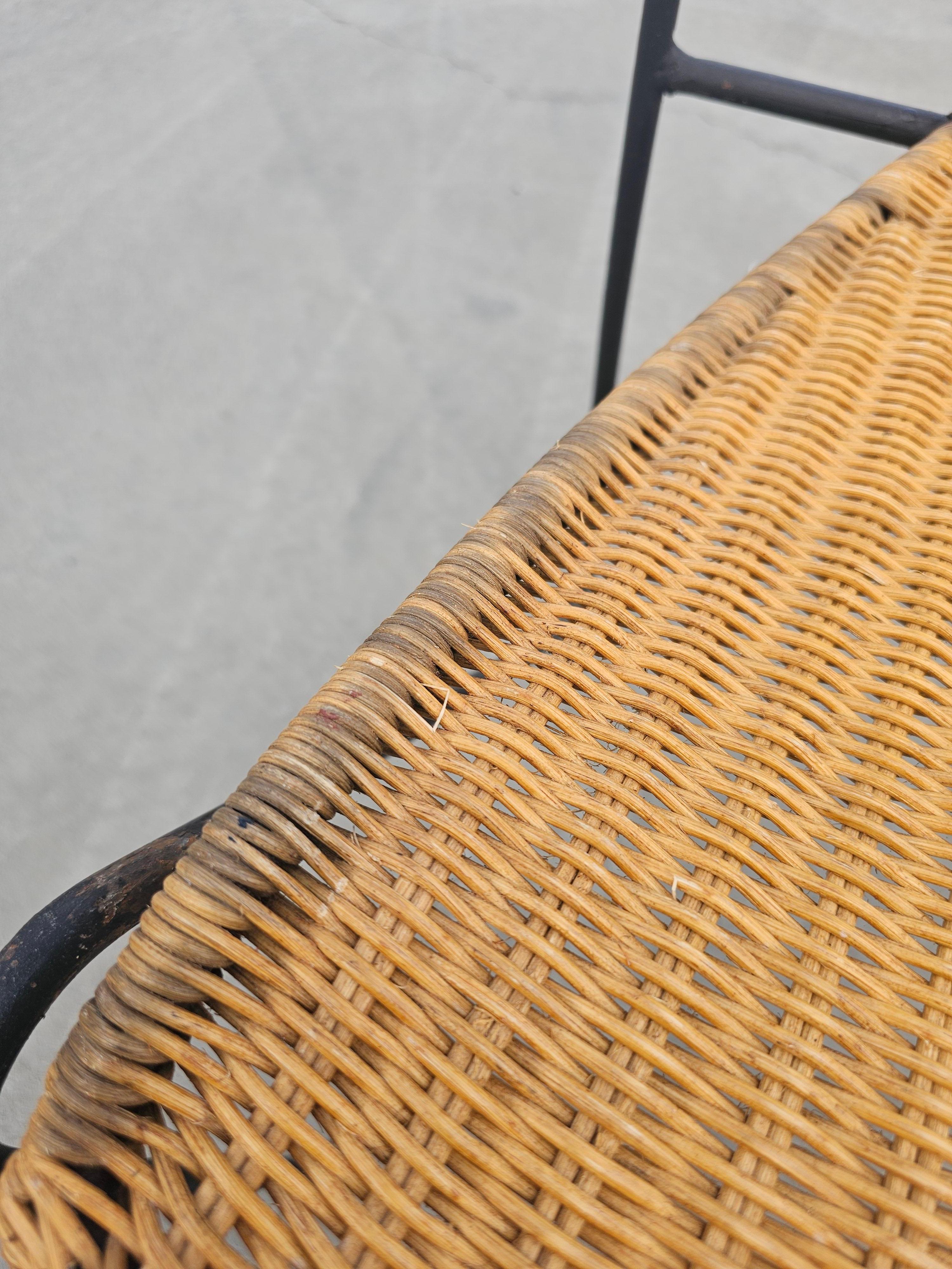 Mid-Century Modern Frederic Weinberg Wicker, Wrought Iron and Brass Chairs, Set of Four, USA 1950s