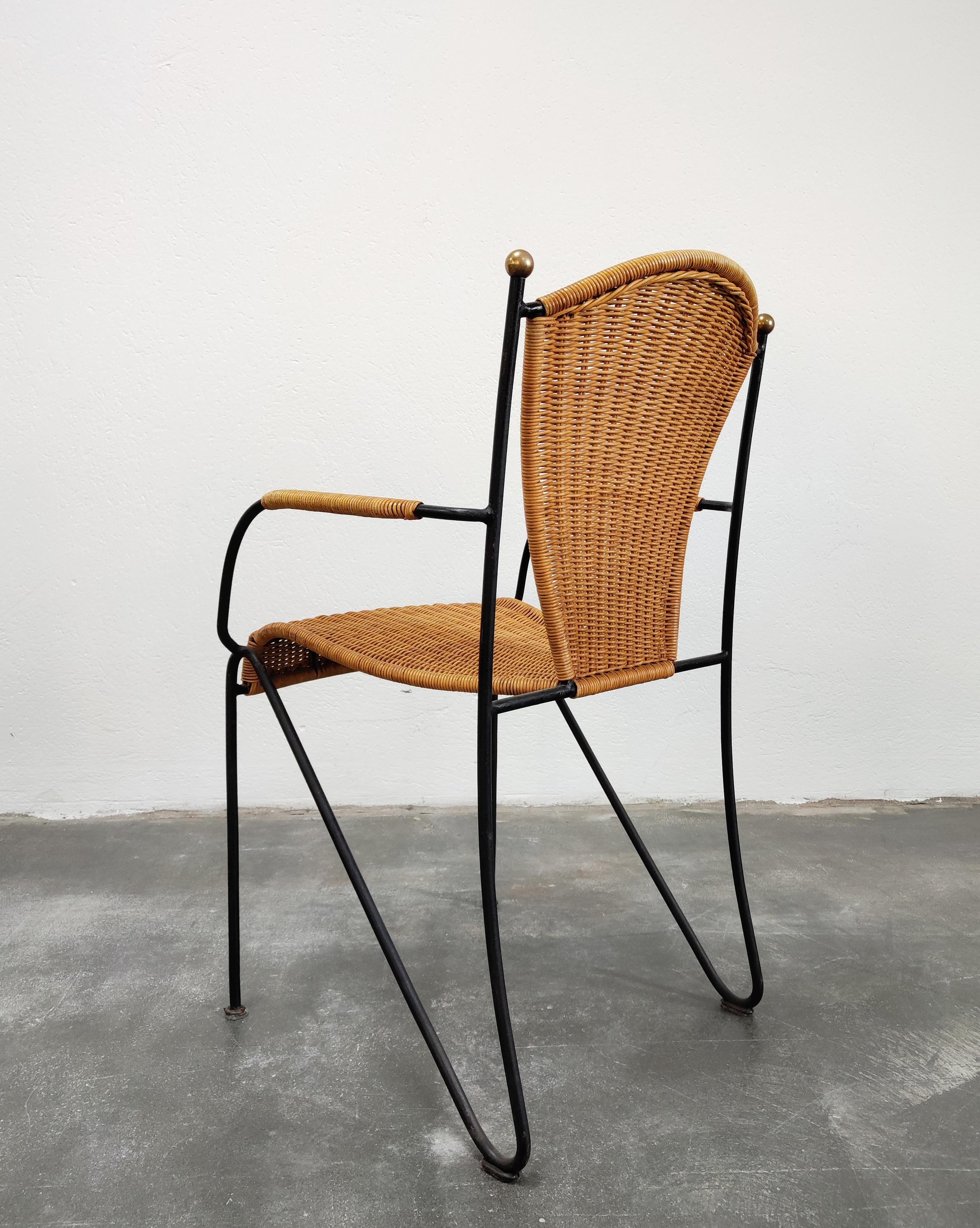 Mid-20th Century Frederic Weinberg Wicker, Wrought Iron and Brass Chairs, Set of Four, USA 1950s