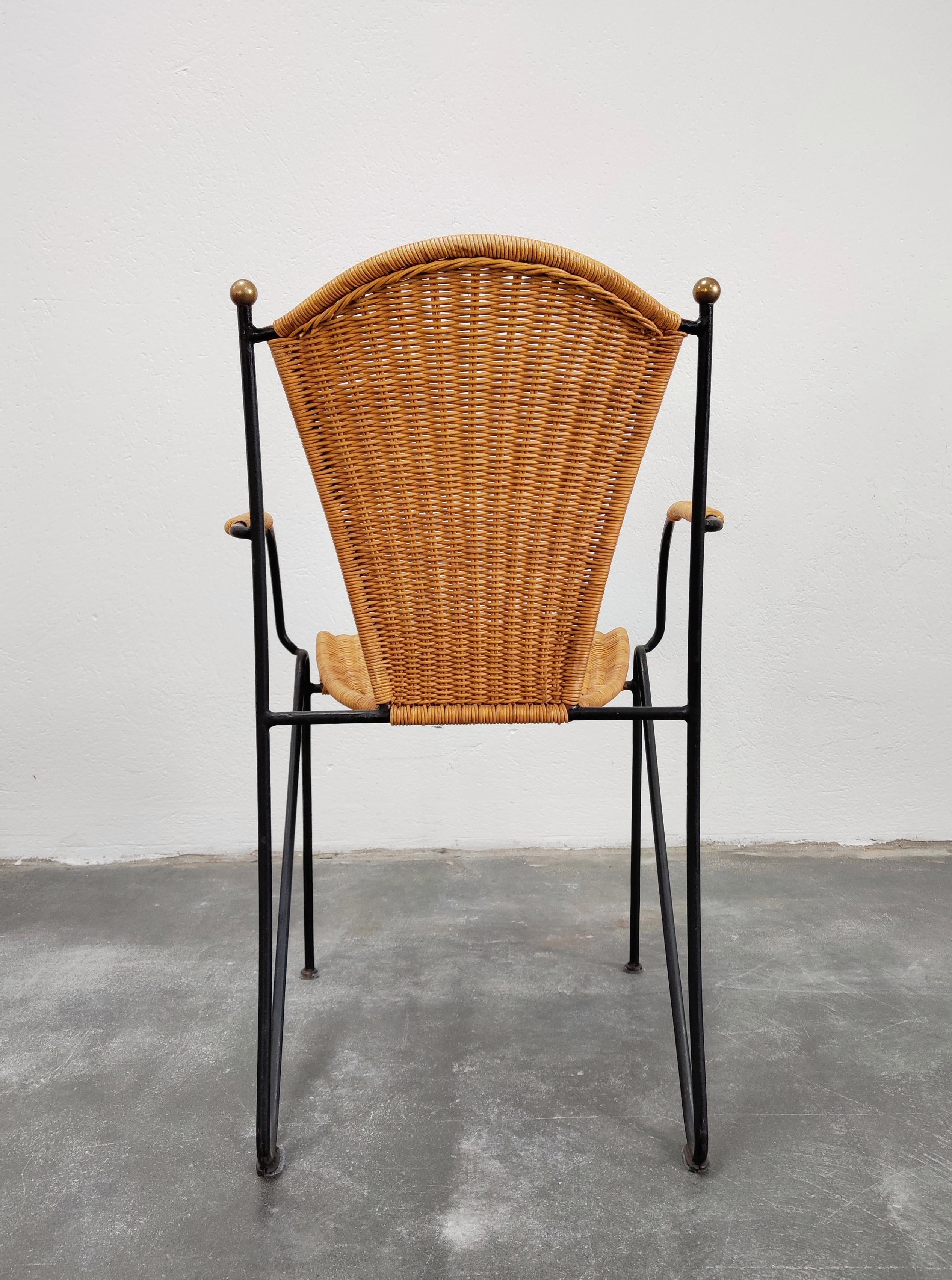 Frederic Weinberg Wicker, Wrought Iron and Brass Chairs, Set of Four, USA 1950s 1