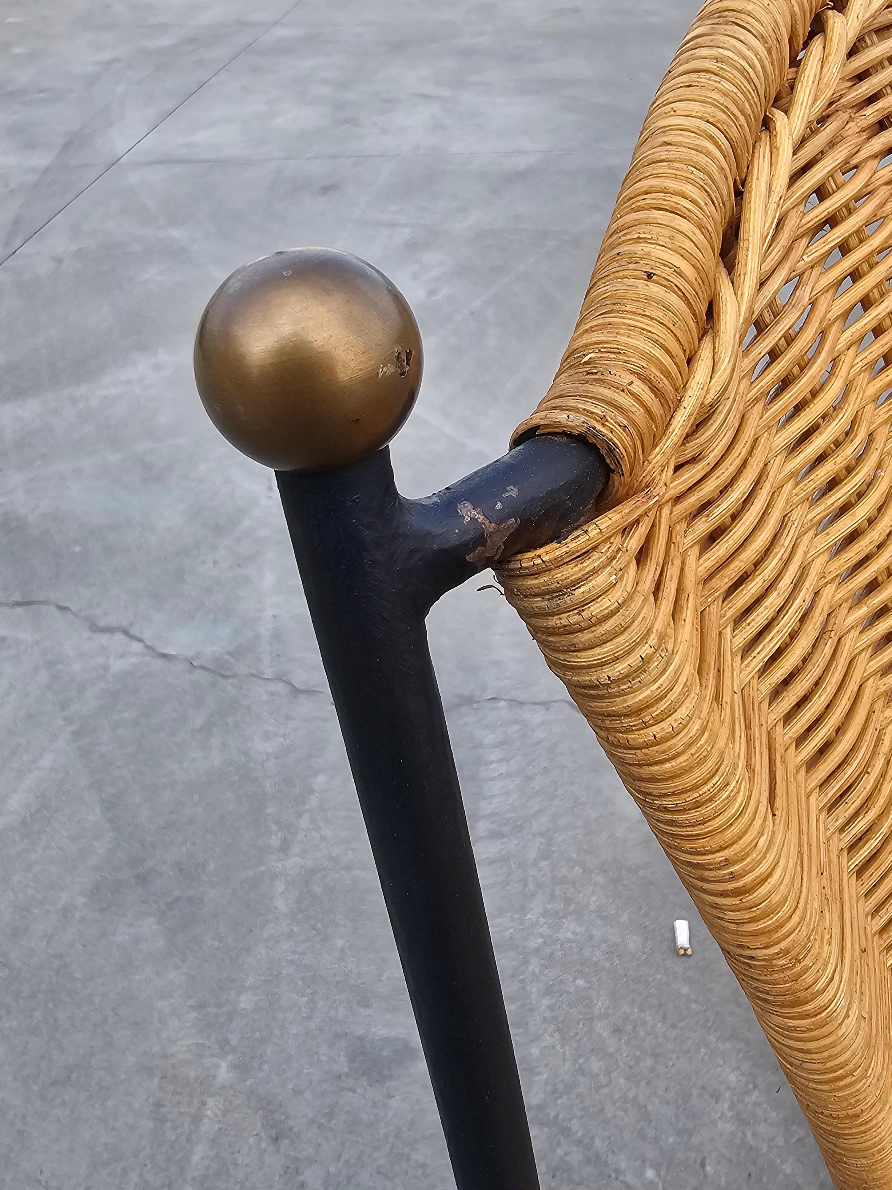 Frederic Weinberg Wicker, Wrought Iron and Brass Chairs, Set of Four, USA 1950s In Good Condition In Beograd, RS