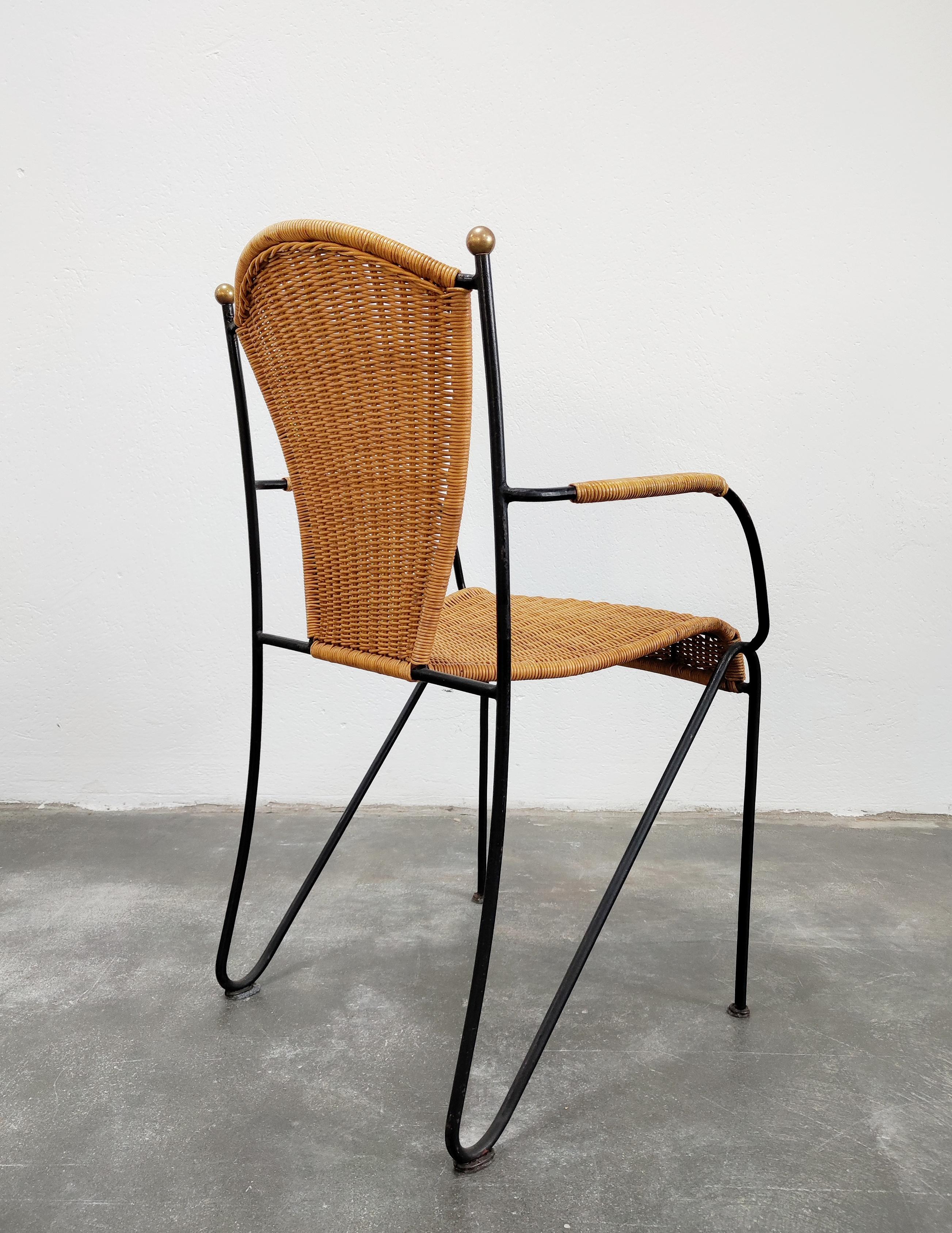 Frederic Weinberg Wicker, Wrought Iron and Brass Chairs, Set of Four, USA 1950s 2