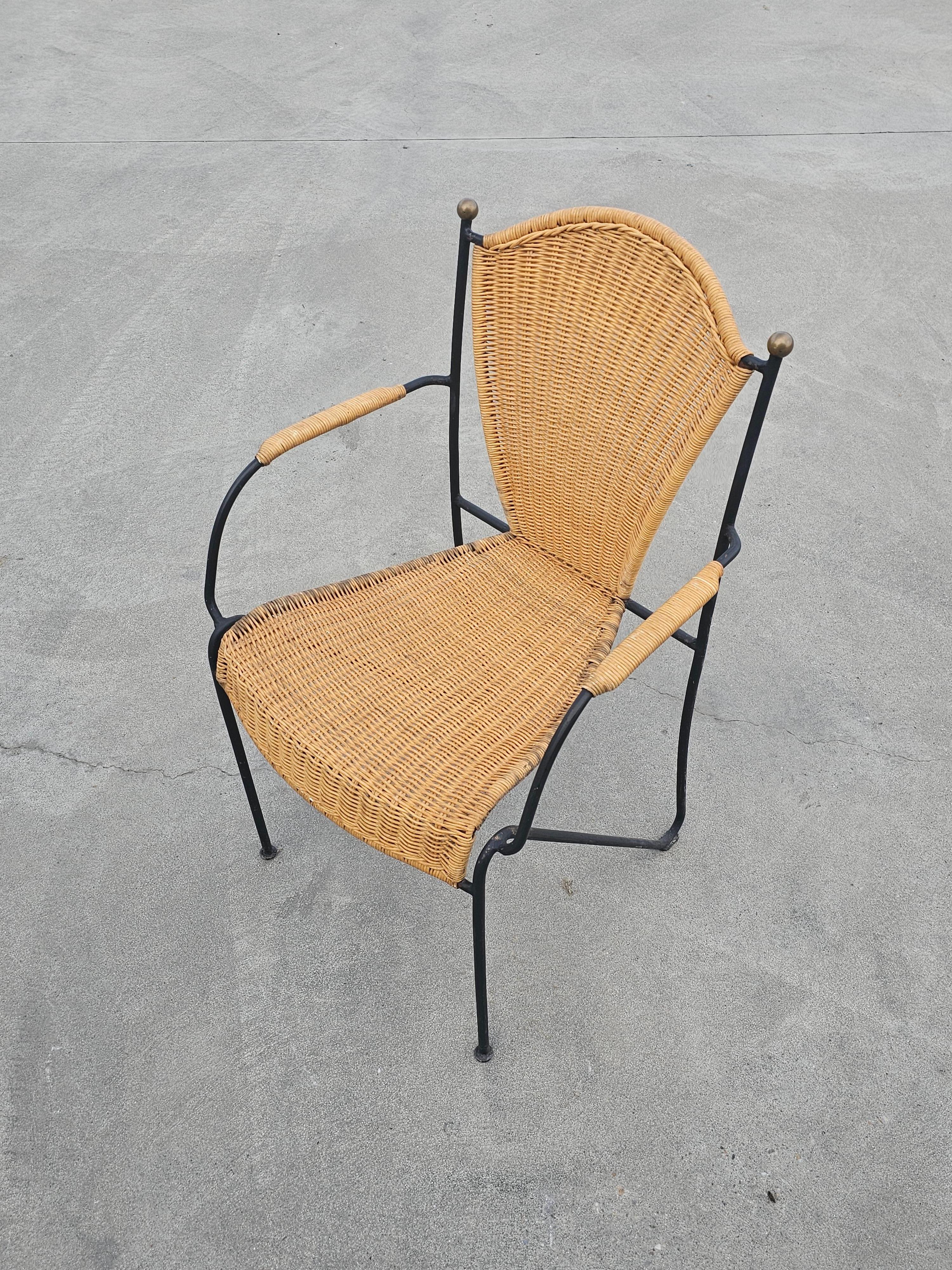 Frederic Weinberg Wicker, Wrought Iron and Brass Chairs, Set of Four, USA 1950s 6