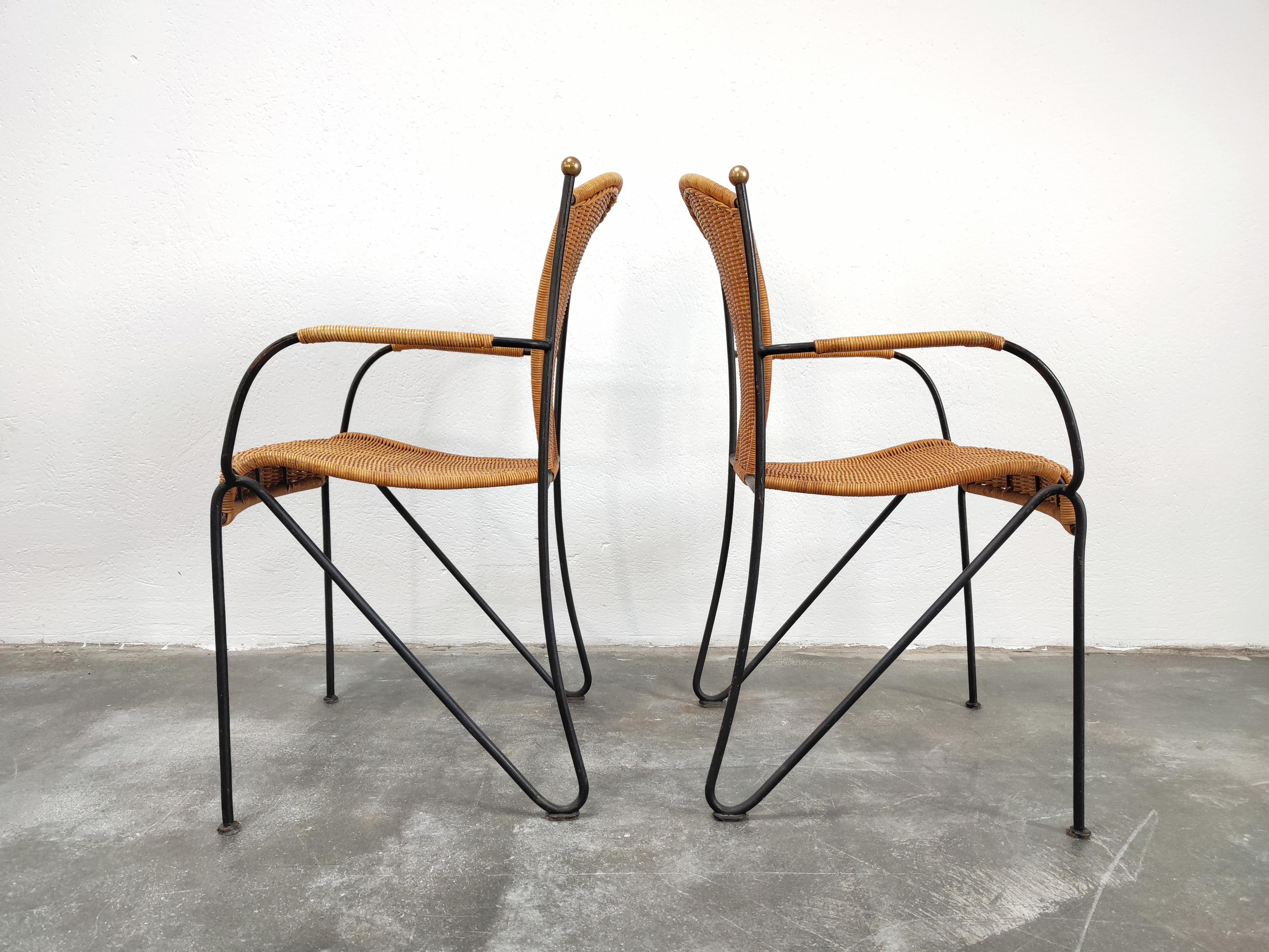 Frederic Weinberg Wicker, Wrought Iron and Brass Chairs, Set of Four, USA 1950s 3