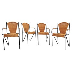 Frederic Weinberg Wicker, Wrought Iron and Brass Chairs, Set of Four, USA 1950s