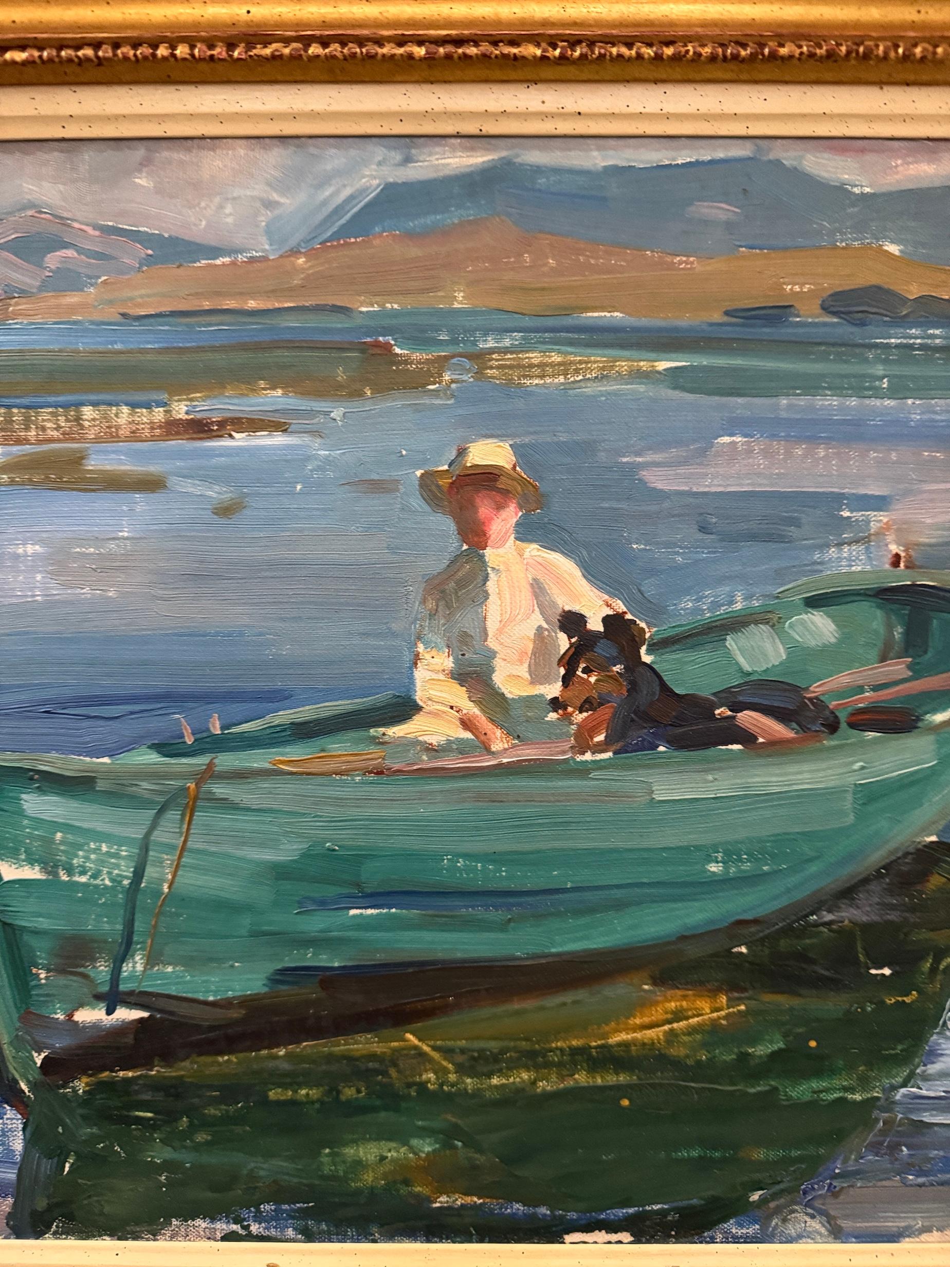 Impressionista Paesaggio di montagna lago con figura, cane e barca sull'acqua - Painting di Frederic Whiting