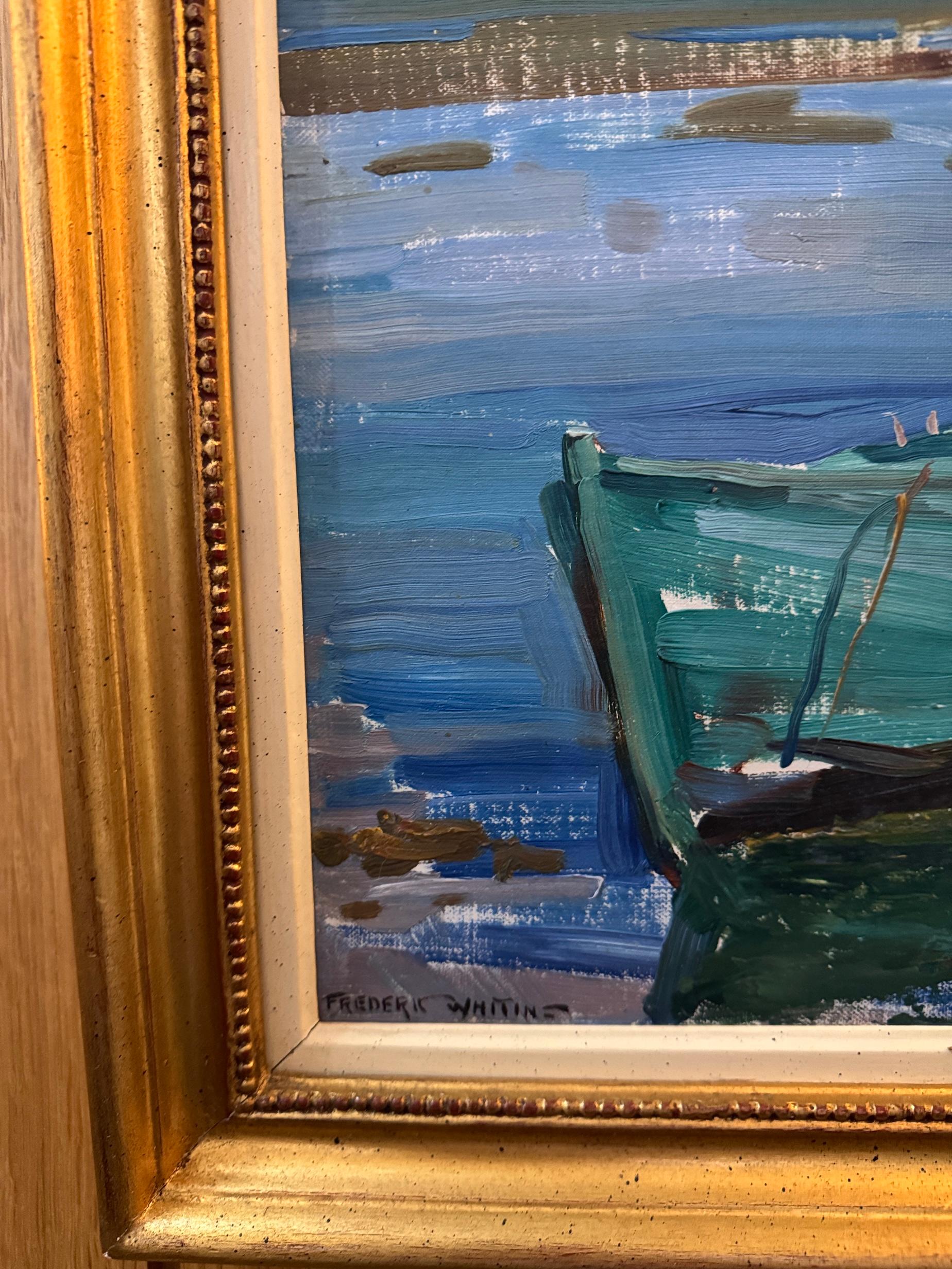 Impressionista Paesaggio di montagna lago con figura, cane e barca sull'acqua - Painting Impressionismo di Frederic Whiting