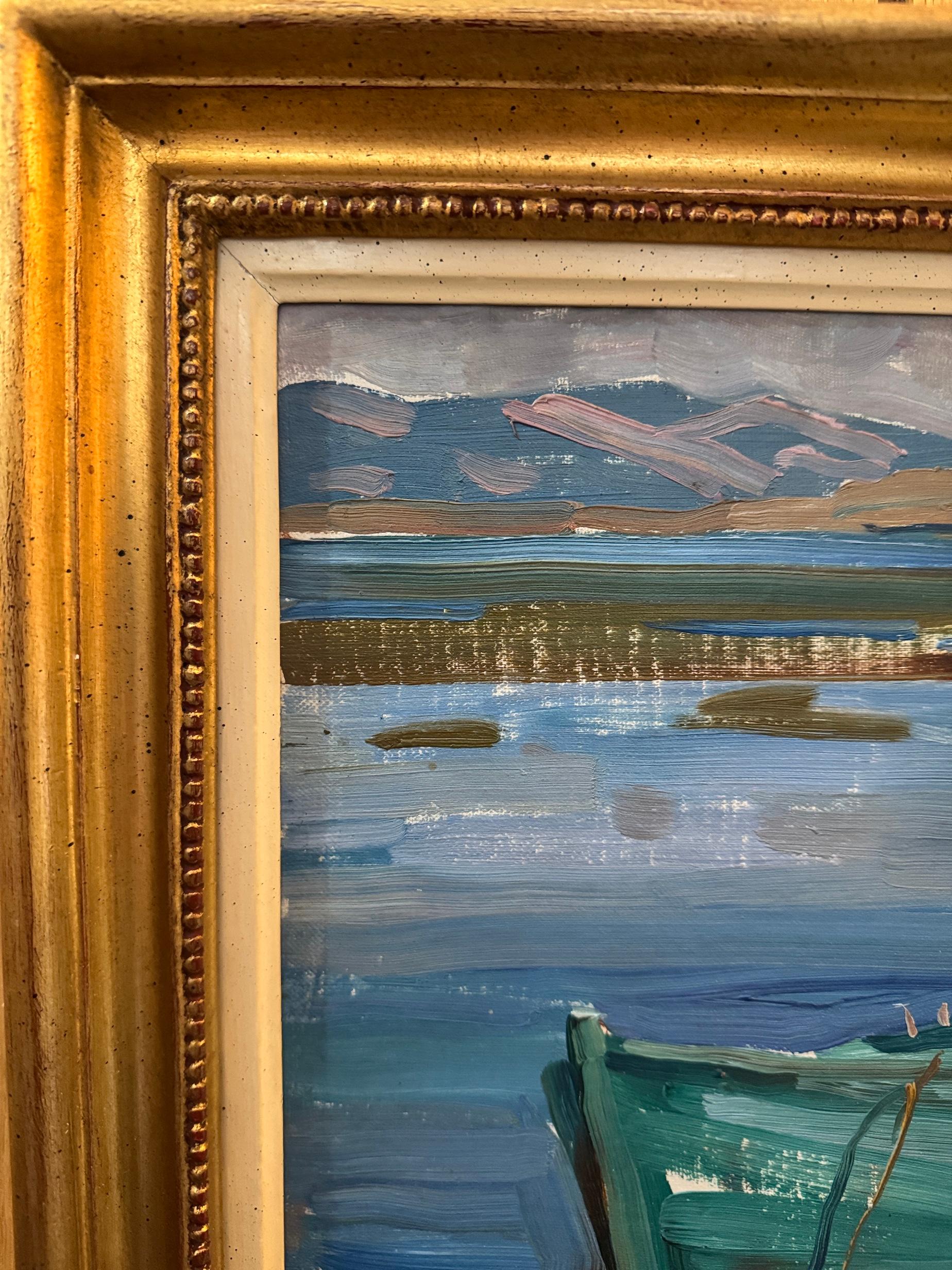 Impressionista Paesaggio di montagna lago con figura, cane e barca sull'acqua - Figurative Painting Grigio di Frederic Whiting