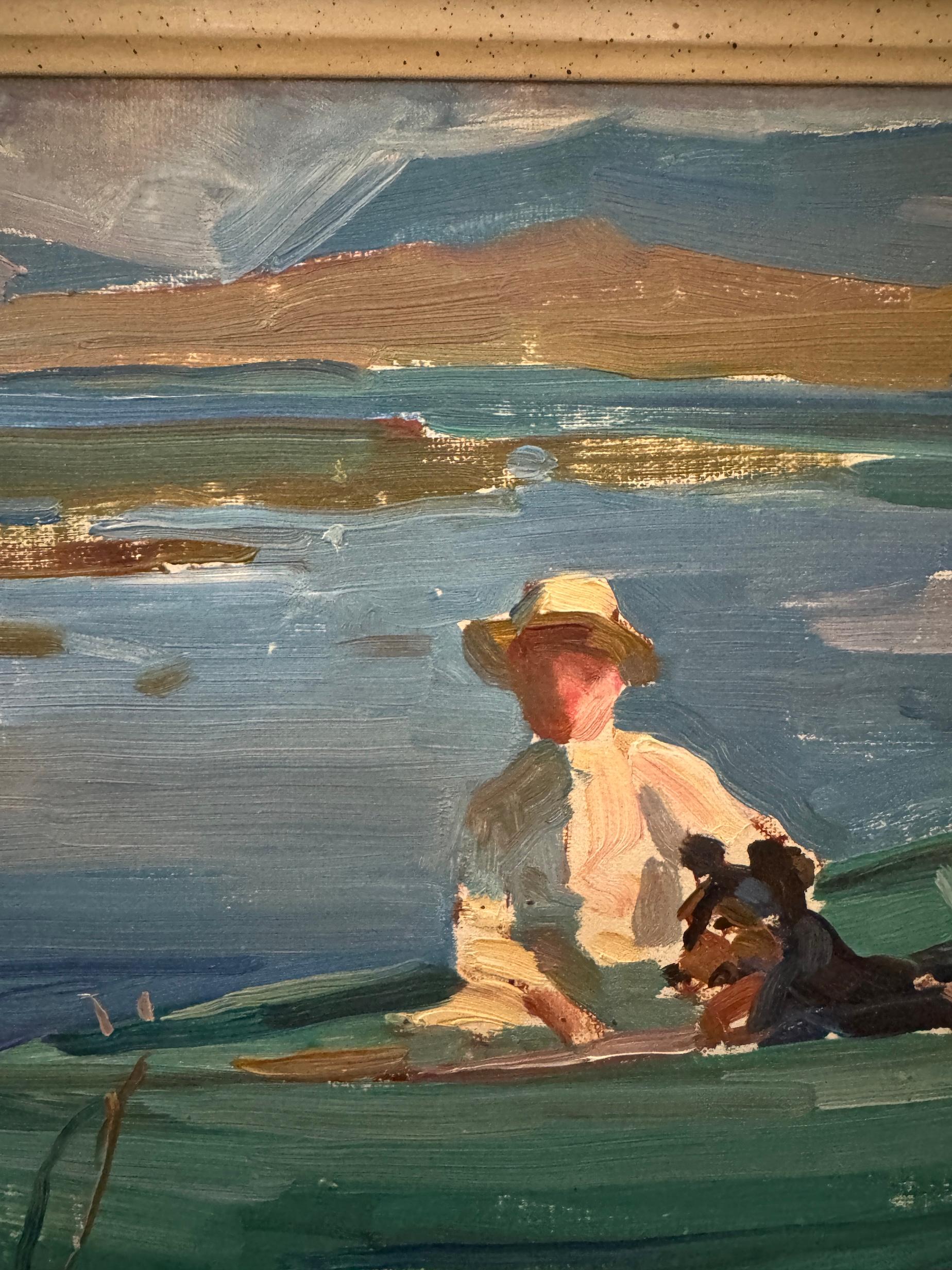 Frederic Whiting (inglese, 1874-1962)

Figura con cane in barca su un lago, 1950 circa
Olio su tavola
Firmato in basso a sinistra

⸻

Un'opera vivace ed espressiva di metà secolo di Frederic Whiting, che cattura un sereno momento in riva al lago con