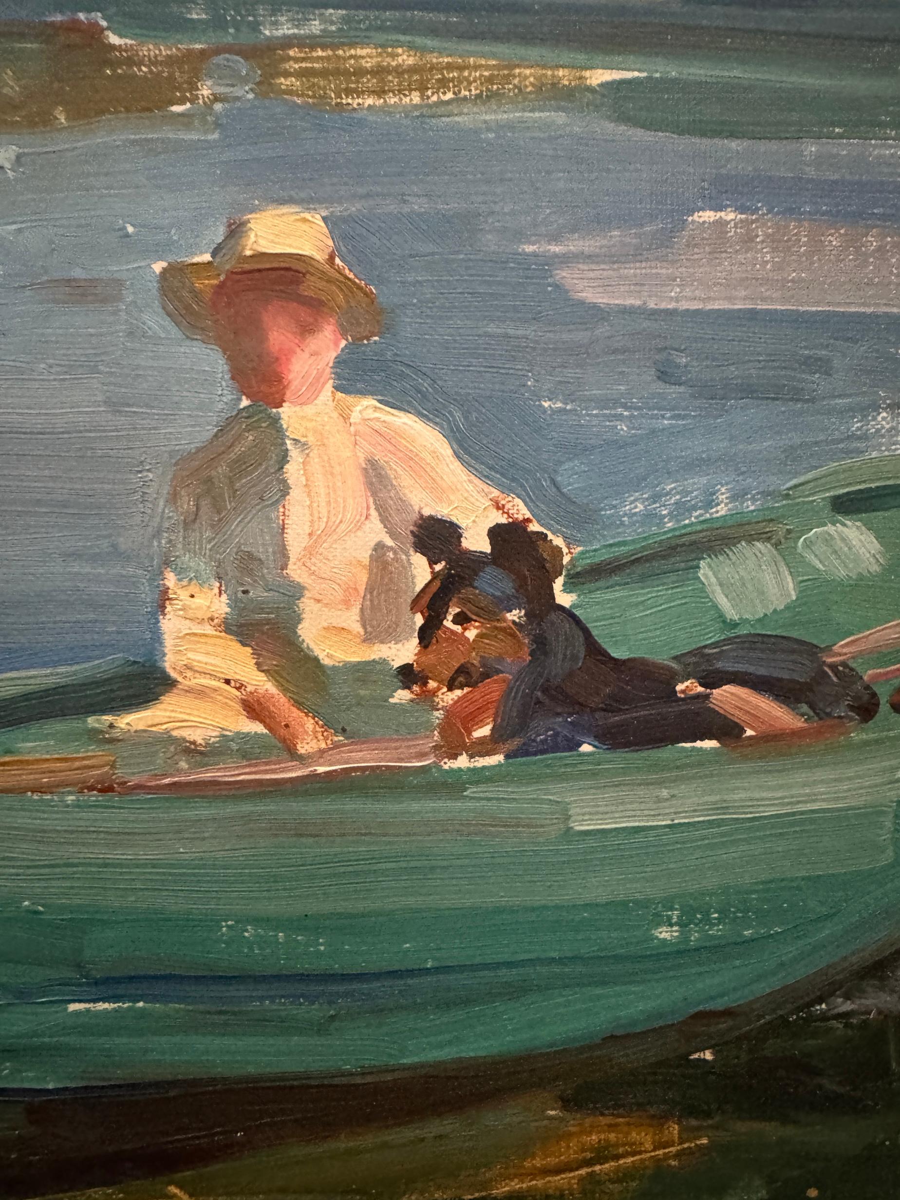 Impressionista Paesaggio di montagna lago con figura, cane e barca sull'acqua in vendita 1