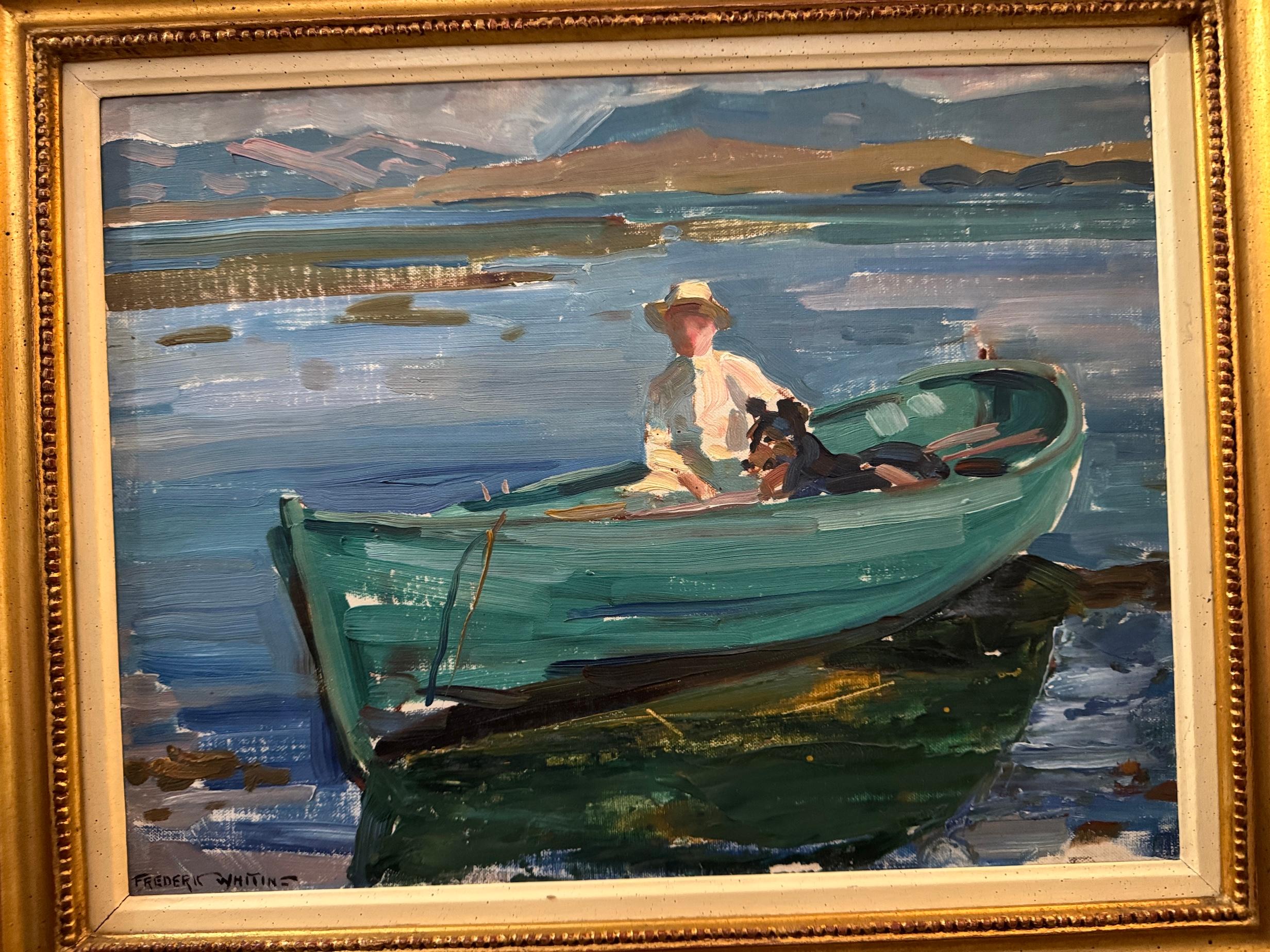 Impressionista Paesaggio di montagna lago con figura, cane e barca sull'acqua in vendita 2