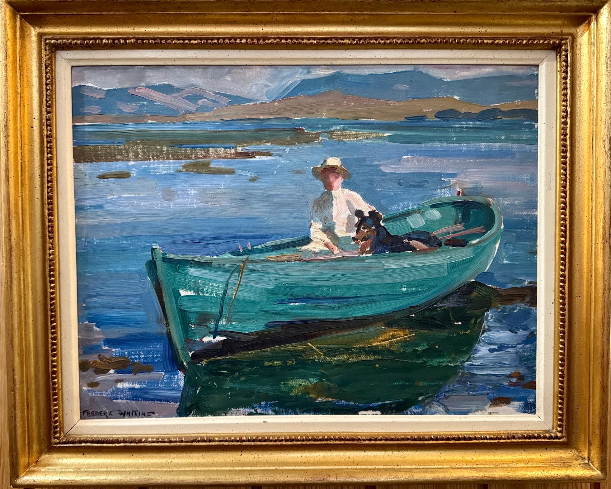 Figurative Painting di Frederic Whiting - Impressionista Paesaggio di montagna lago con figura, cane e barca sull
acqua