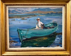 Frederic Whiting - Impressionist Mountain landscape lake with figure, dog and boat on the water Impressionist Mountain landscape lake with figure, dog and boat on the water