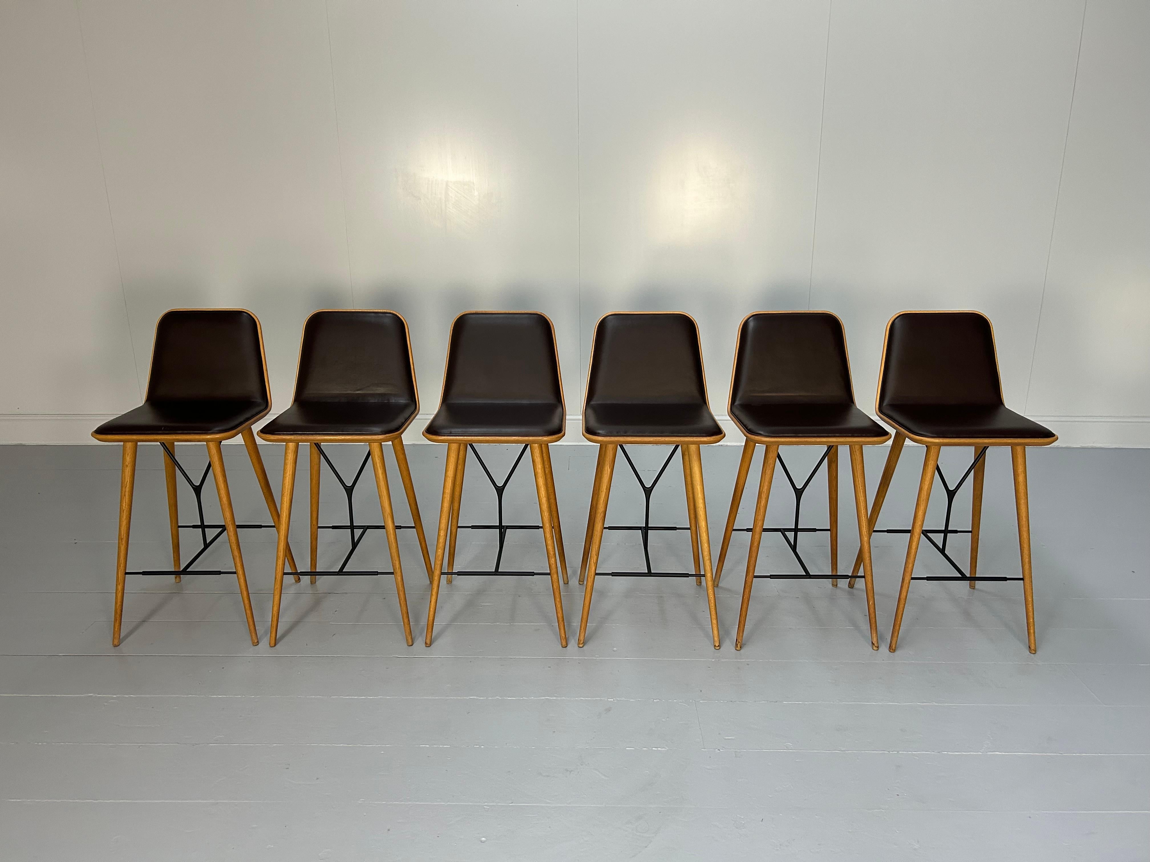 This is an ultra-rare opportunity to acquire what is, unequivocally, the best of the best, it being a most spectacular, immaculate, beautifully-presented set of 6 “Spine” Counter/Bar-Stool (one of 7 available currently)  dressed in a tactile,