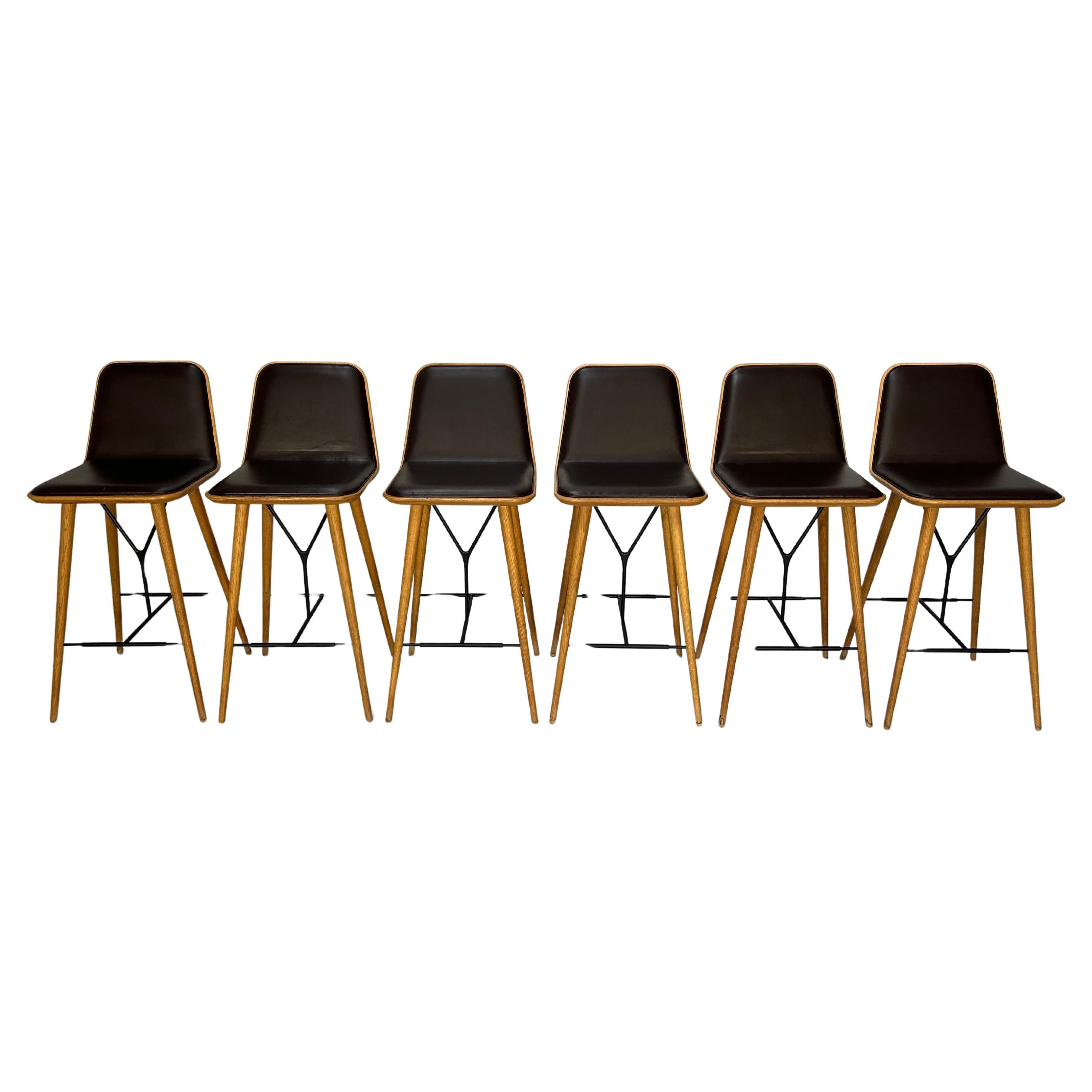 Fredericia “Spine” Counter Bar Stools - Set of 6 - In Brown Leather For Sale